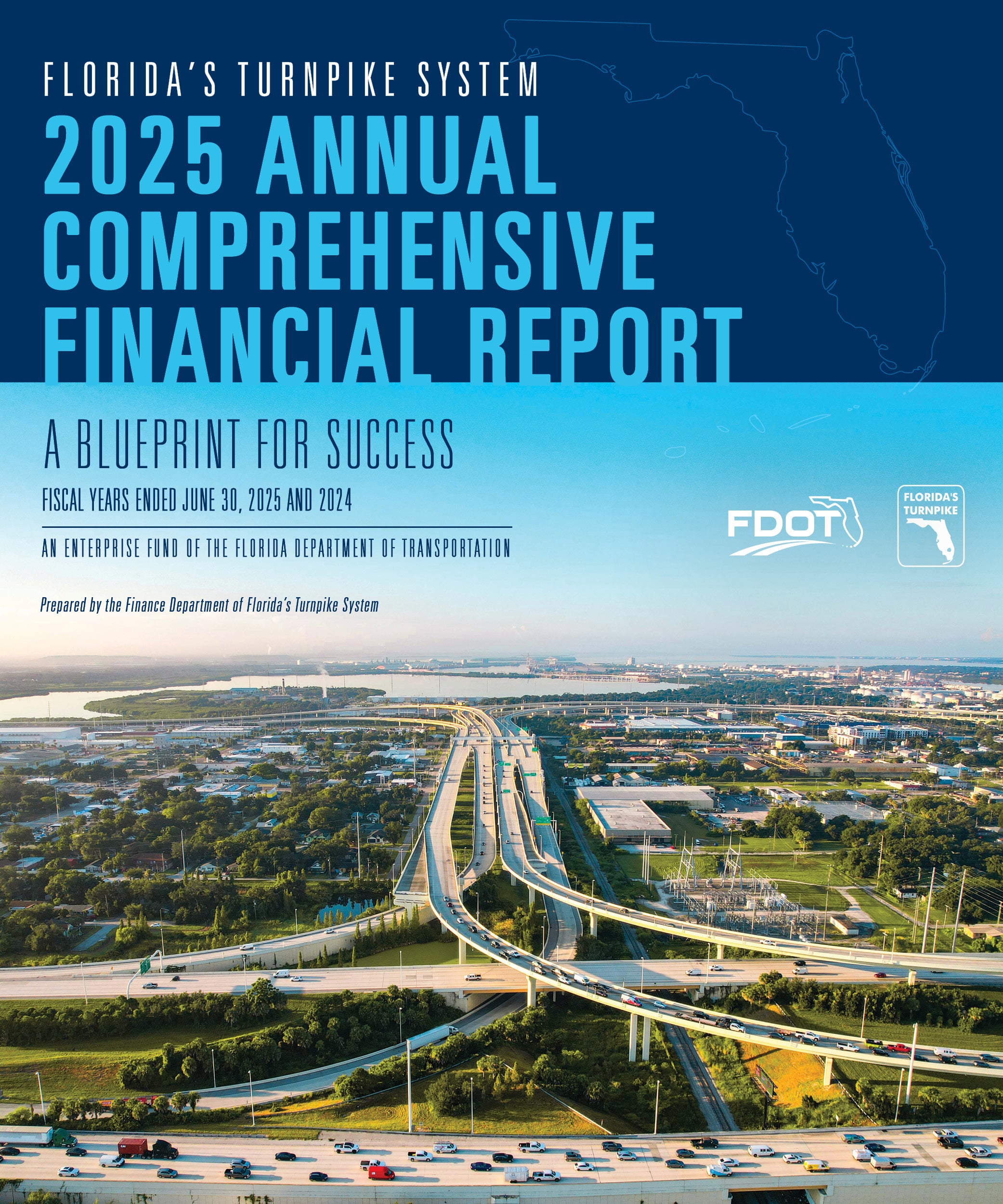 Cover of Florida's Turnpike 2025 Financial Report featuring an aerial view of a busy highway system.