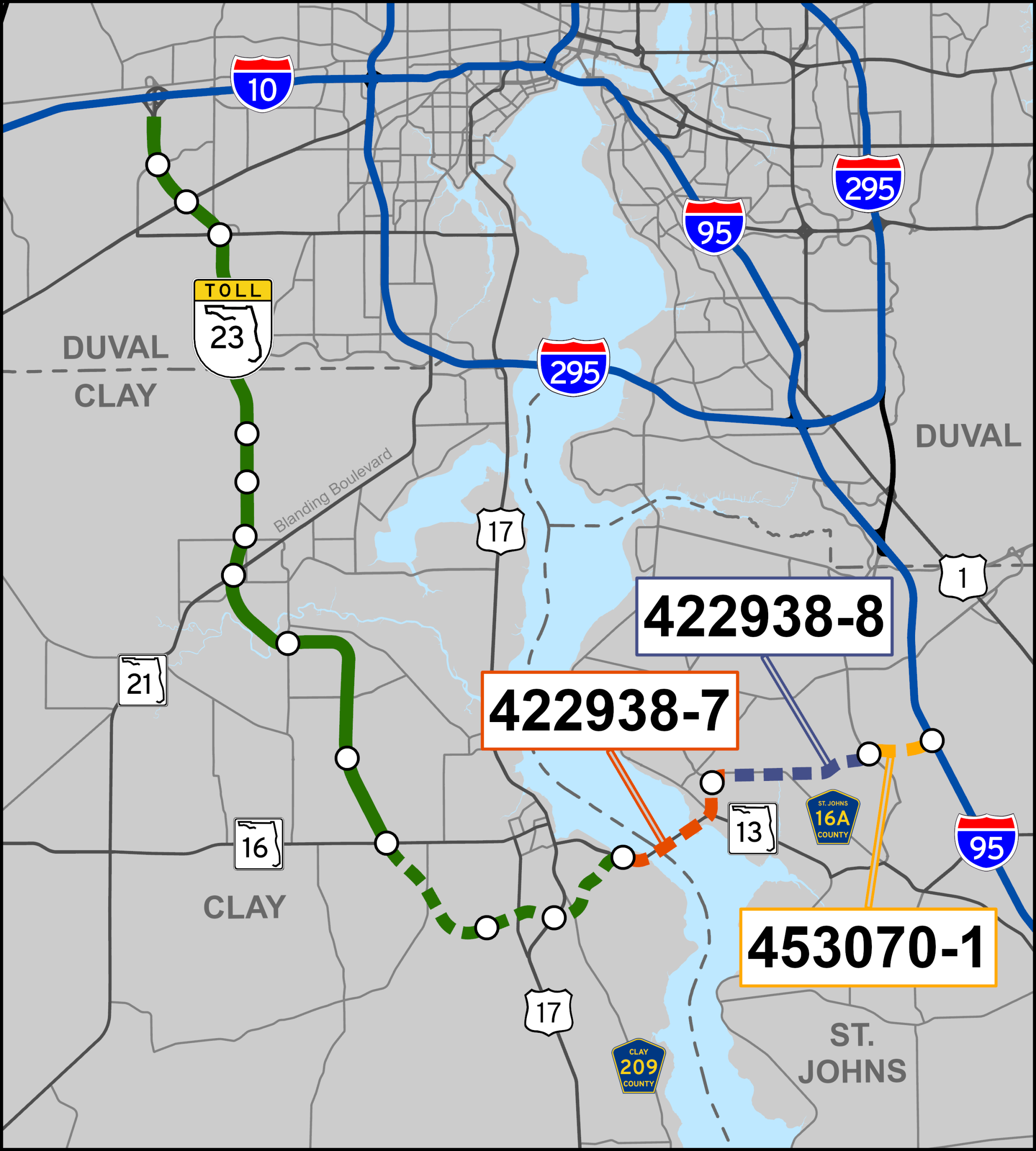 Map showing route 23 tollway and major interstates around Duval and Clay counties with project numbers highlighted.