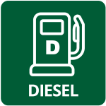 Icon of a diesel fuel pump with the letter D and the word DIESEL below on a green background.