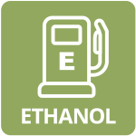 Icon of a fuel pump labeled Ethanol on a green background. Represents alternative fuel source for vehicles.