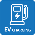 Icon representing EV charging with a fuel pump and lightning bolt on a blue background. Text reads EV CHARGING.