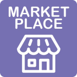 Icon of a storefront with a canopy above, accompanied by the text MARKET PLACE on a purple background.