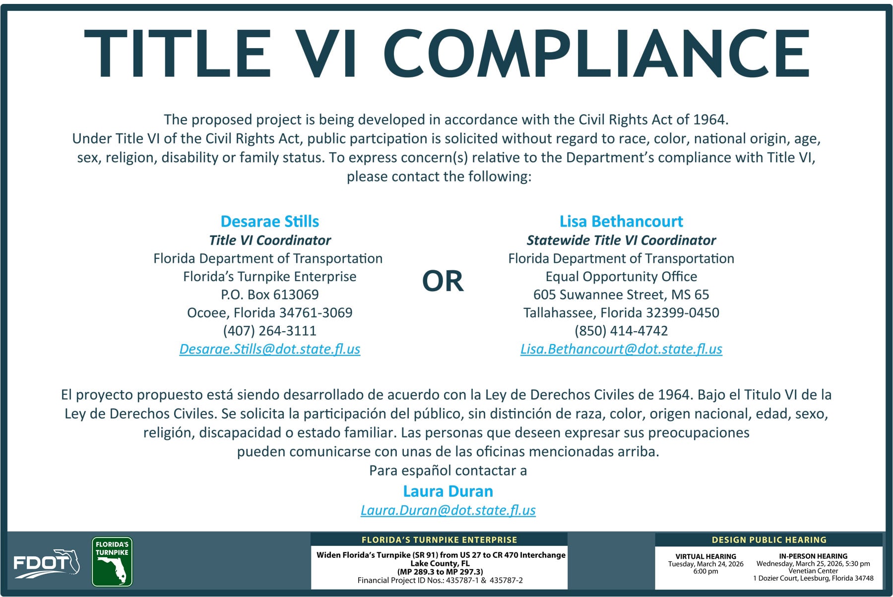 Title VI Compliance notice with details for public participation, including contact info for coordinators in English and Spanish.