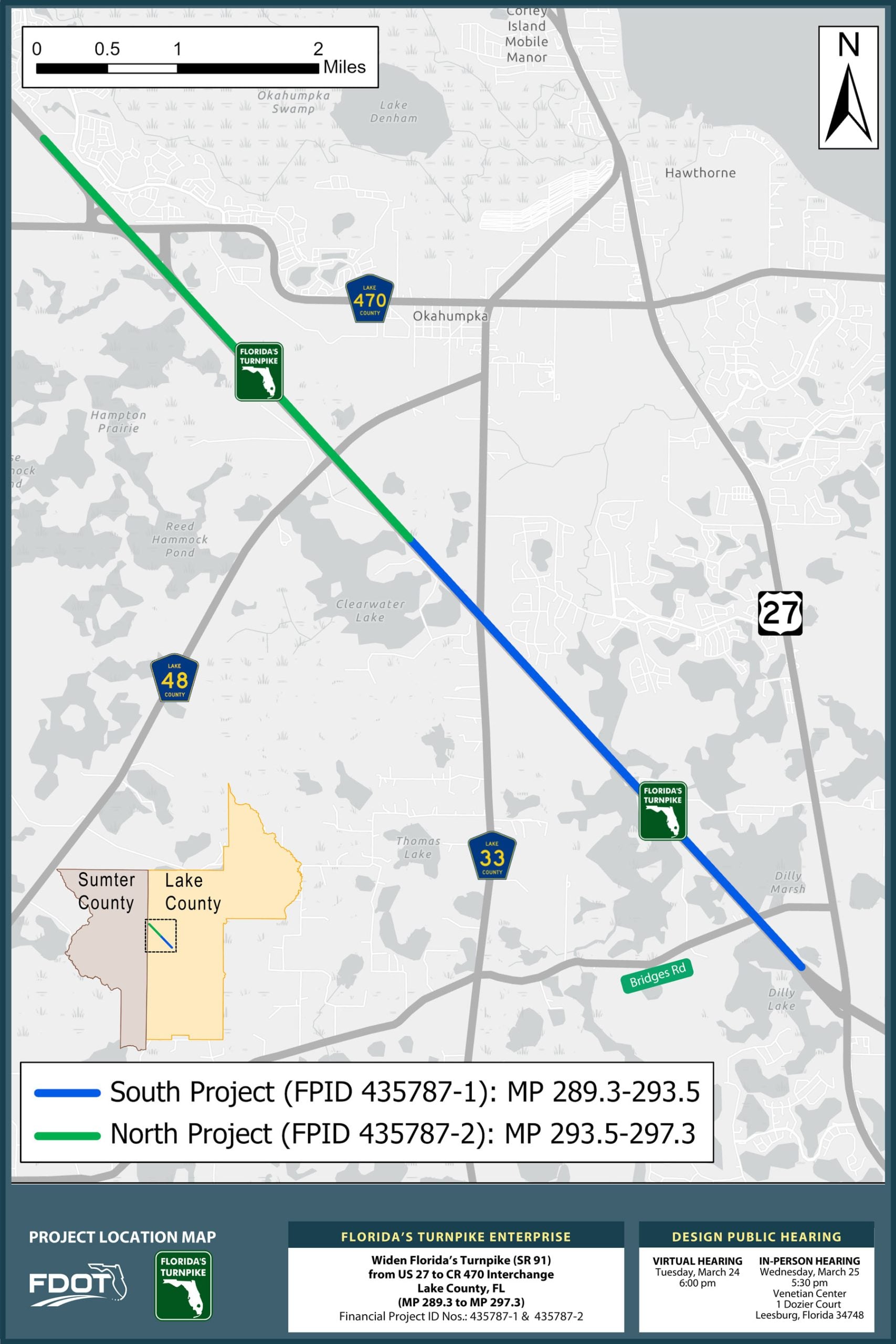 Map showing Florida Turnpike projects: South Project in green and North Project in blue, with surrounding landmarks and details.