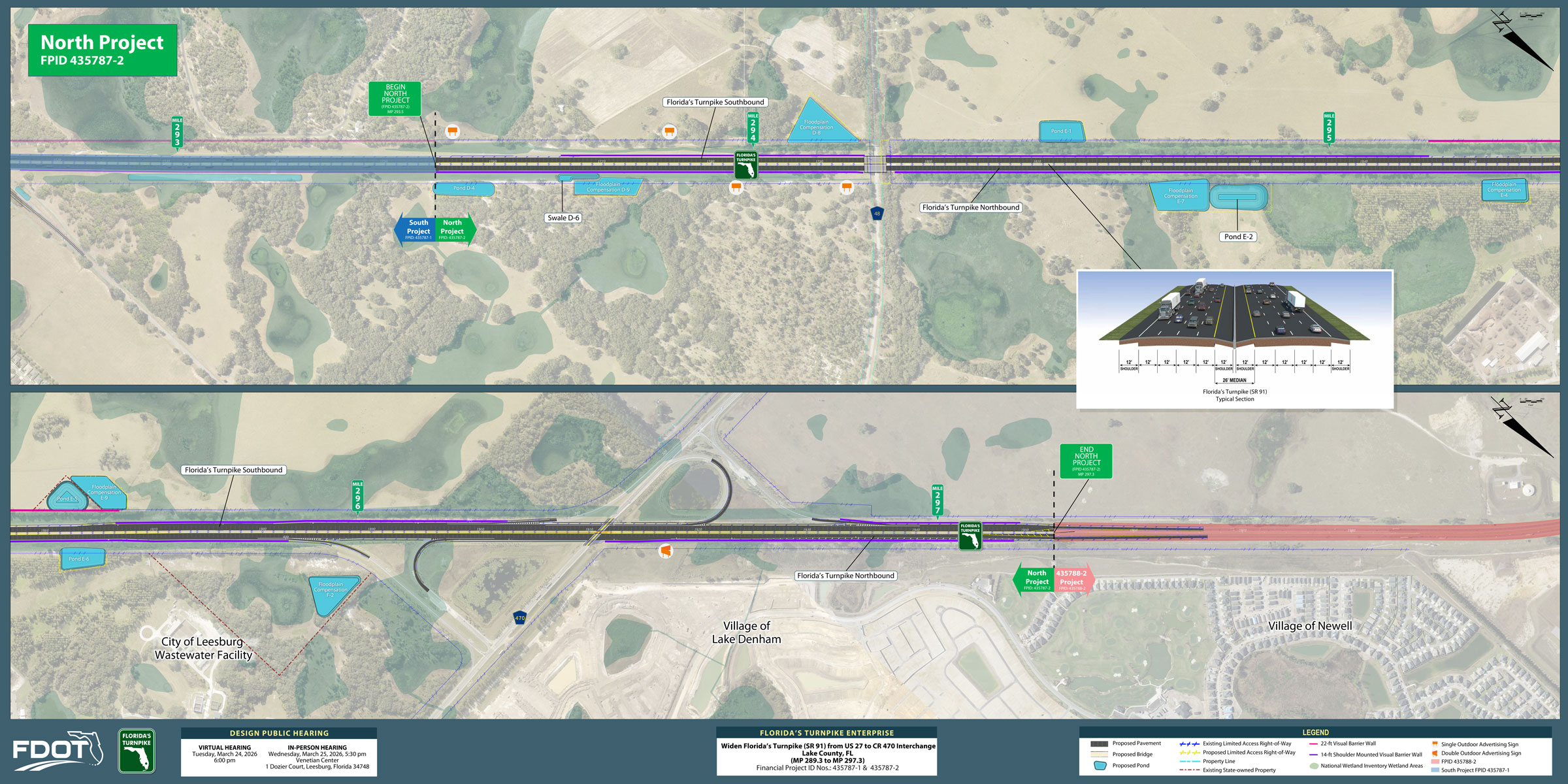 Map of Florida's Turnpike North Project, showing routes, features, and proposed changes, with a typical section inset.