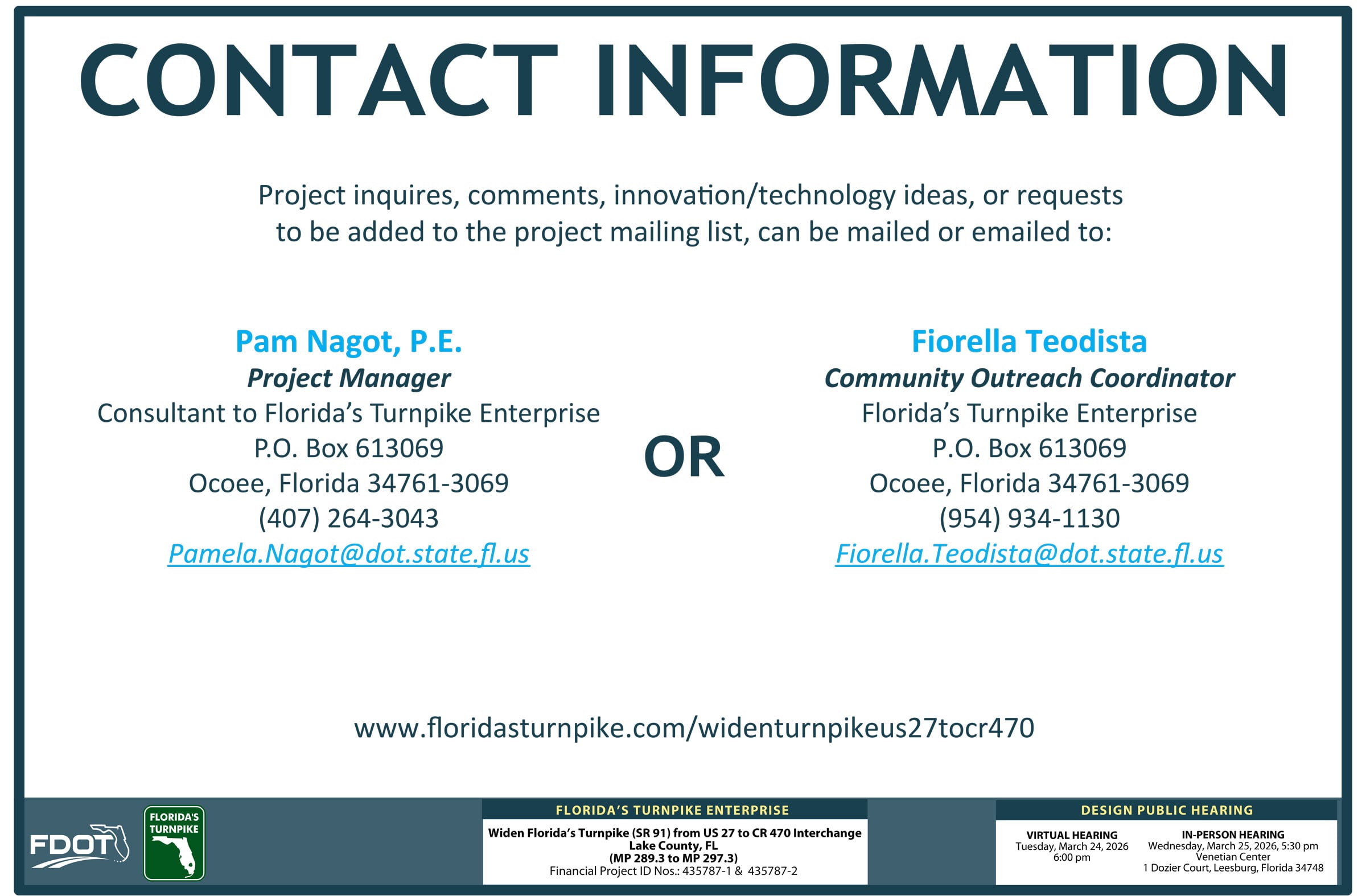 Contact information for project inquiries, including details for Pam Nagot and Fiorella Teodista.