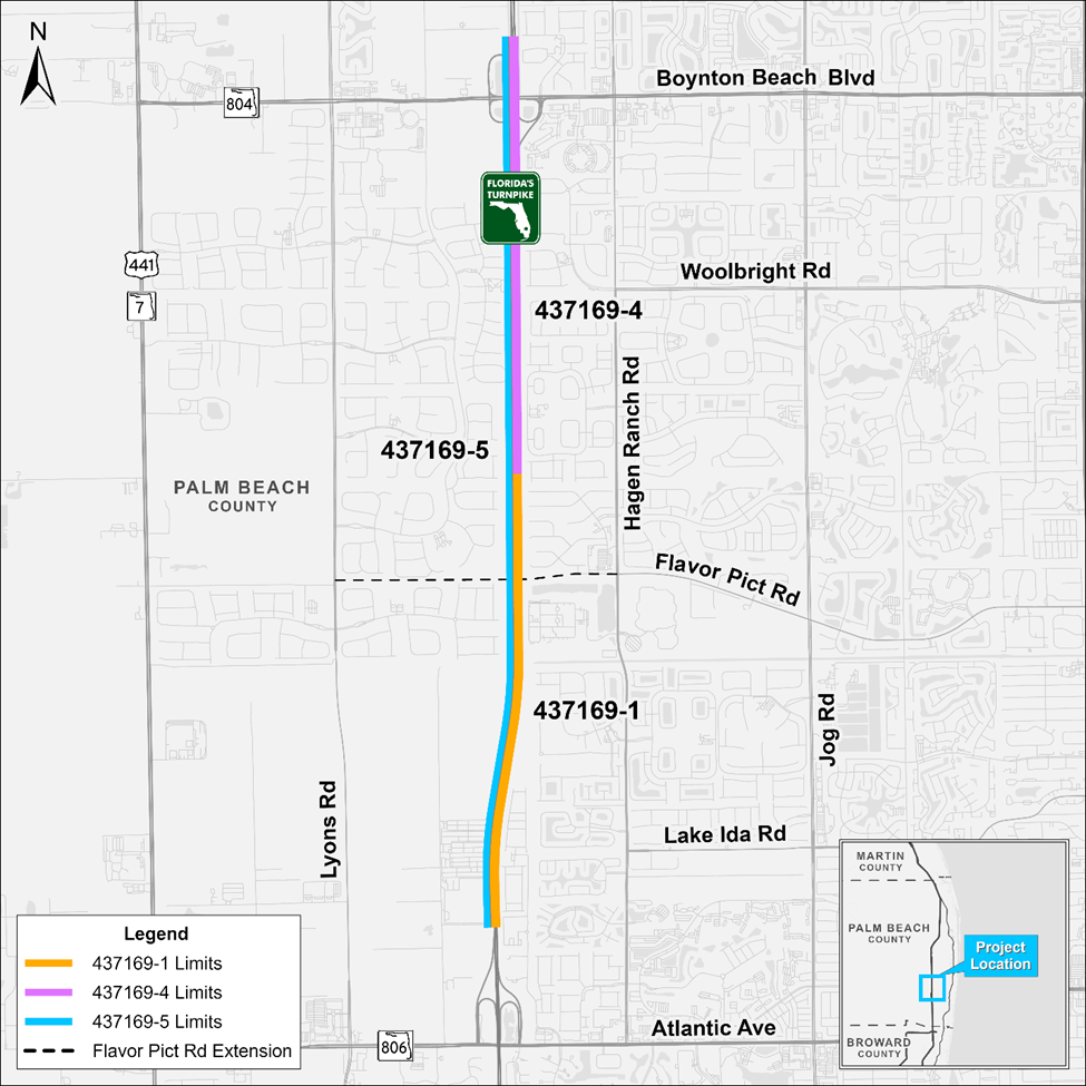 Map showing project limits in Palm Beach County, highlighting Florida's Turnpike with labeled roads and project locations.
