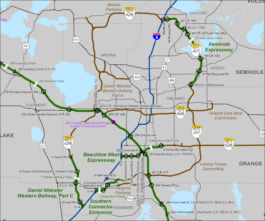 Map of Orlando's expressways and service plazas, including major routes like I-4 and SR 429. Accessible navigation routes indicated.