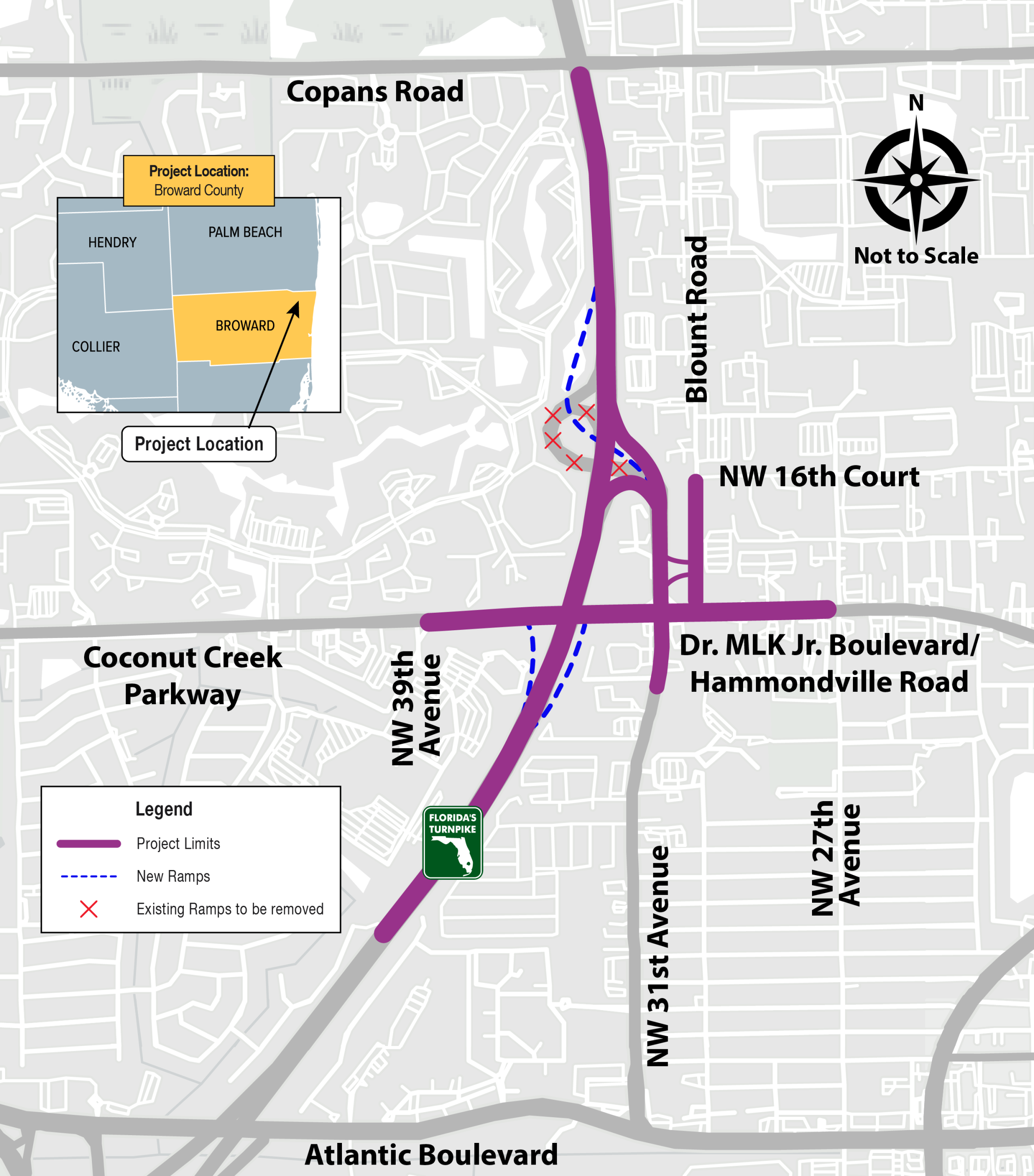 Map of Broward County, showing project location, new ramps, and existing ramps to be removed. North arrow included.