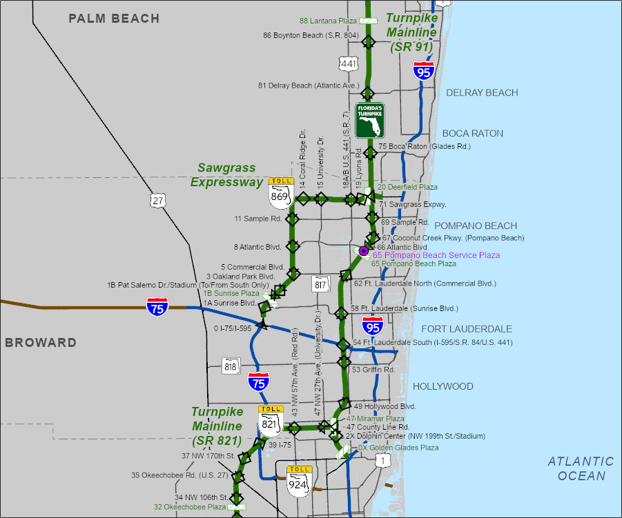 Map of Florida's Turnpike, highlighting routes, service plazas, and nearby cities like Delray Beach and Hollywood.