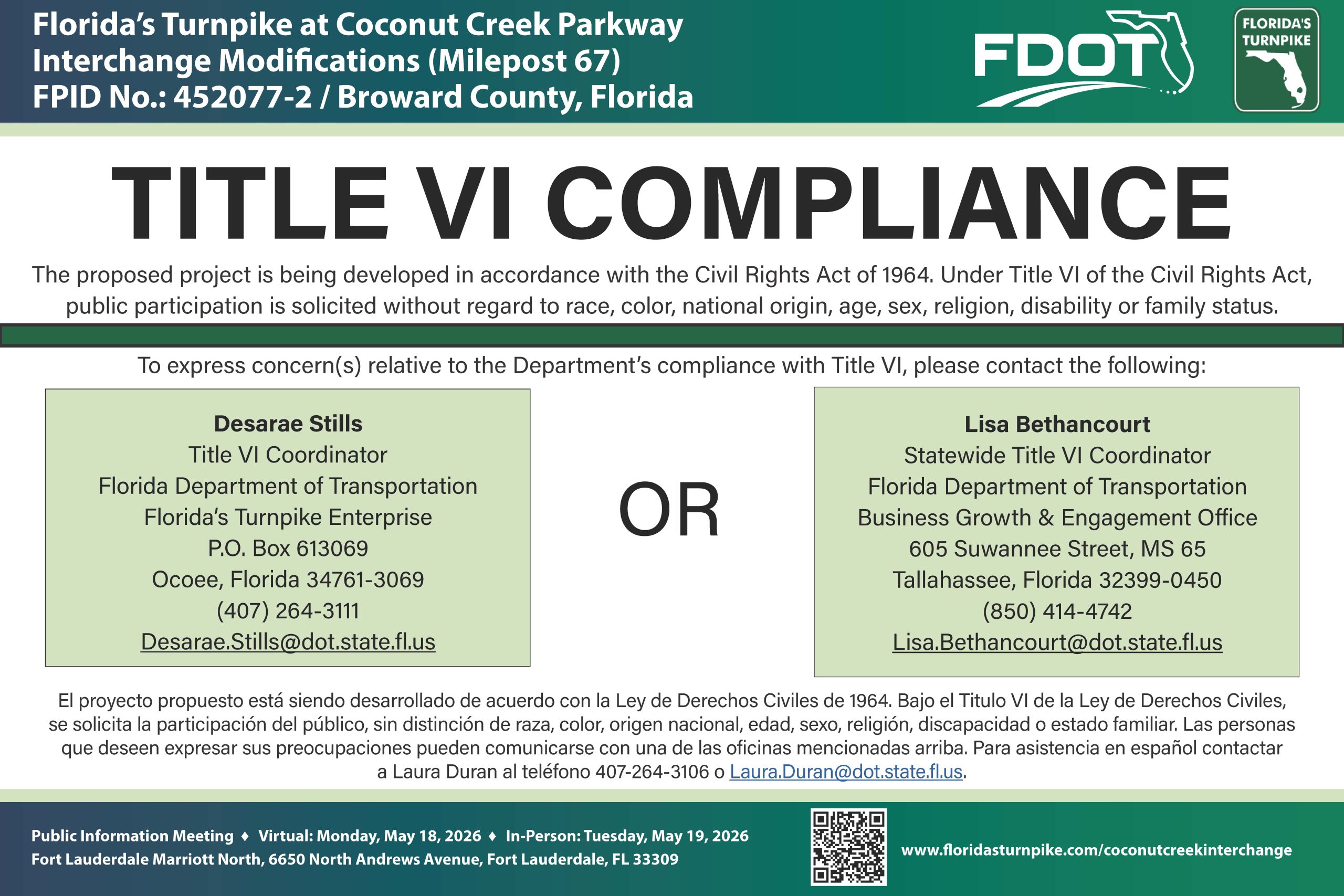 Information flyer about Title VI compliance for Florida's Turnpike at Coconut Creek Parkway, with contact details.