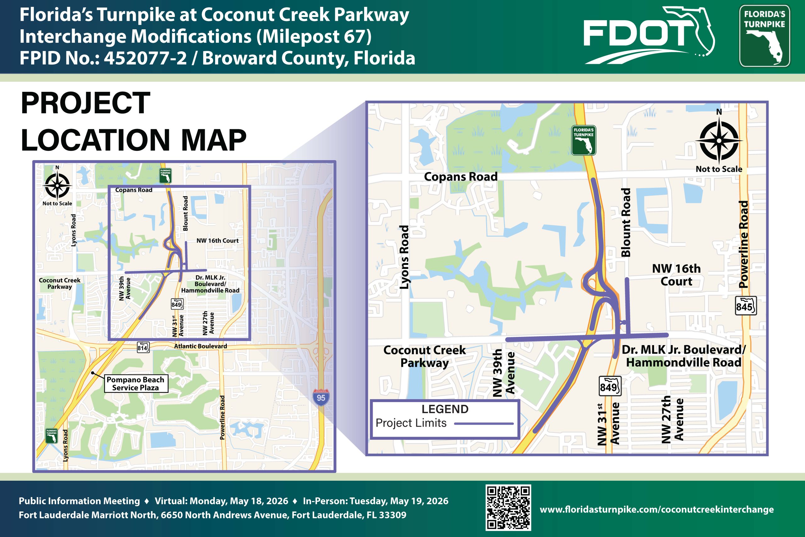 Map of the Florida Turnpike interchange modifications at Coconut Creek Parkway, highlighting project location and limits.