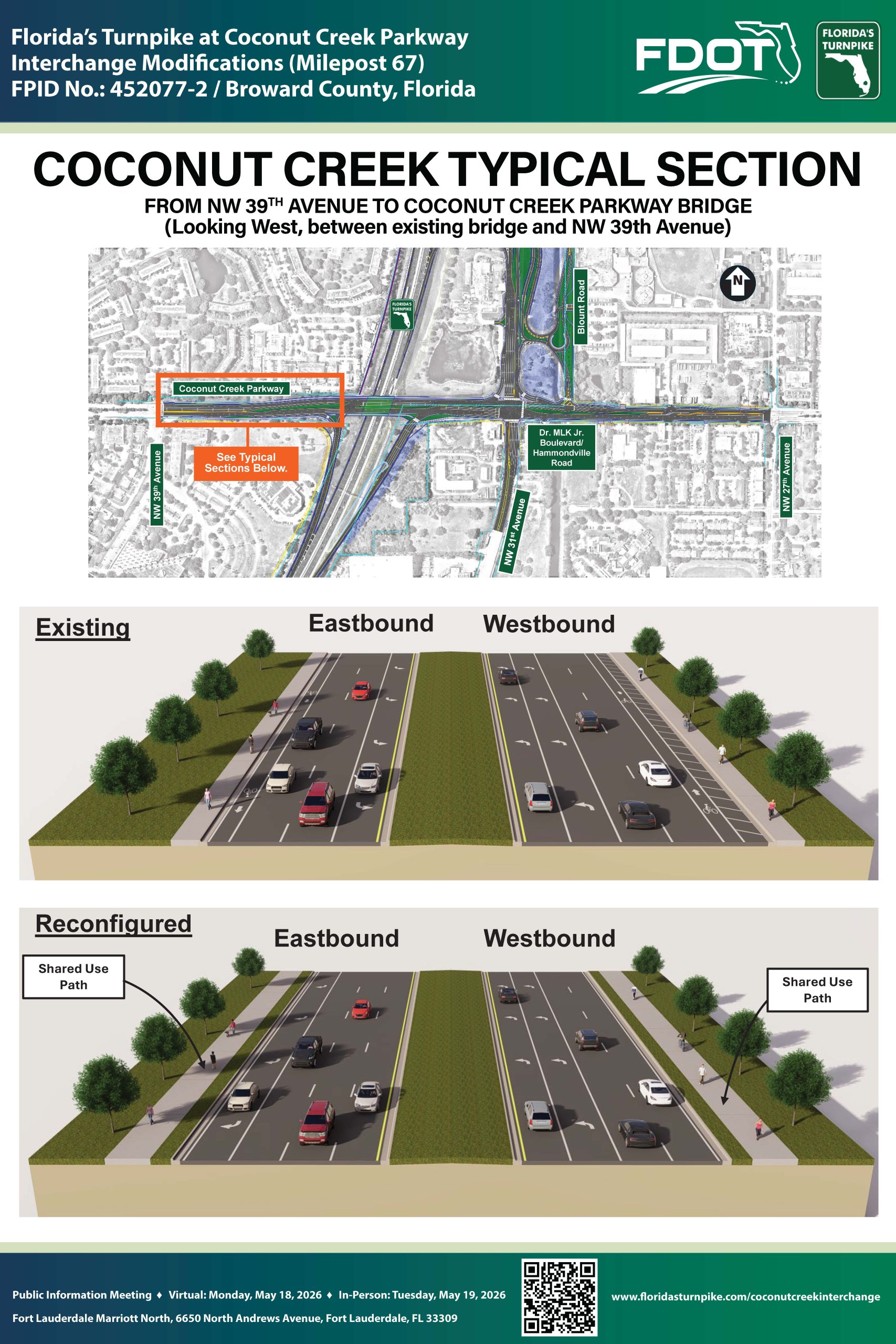 Diagram showing Coconut Creek Parkway section, comparing existing and reconfigured layouts for eastbound and westbound traffic.