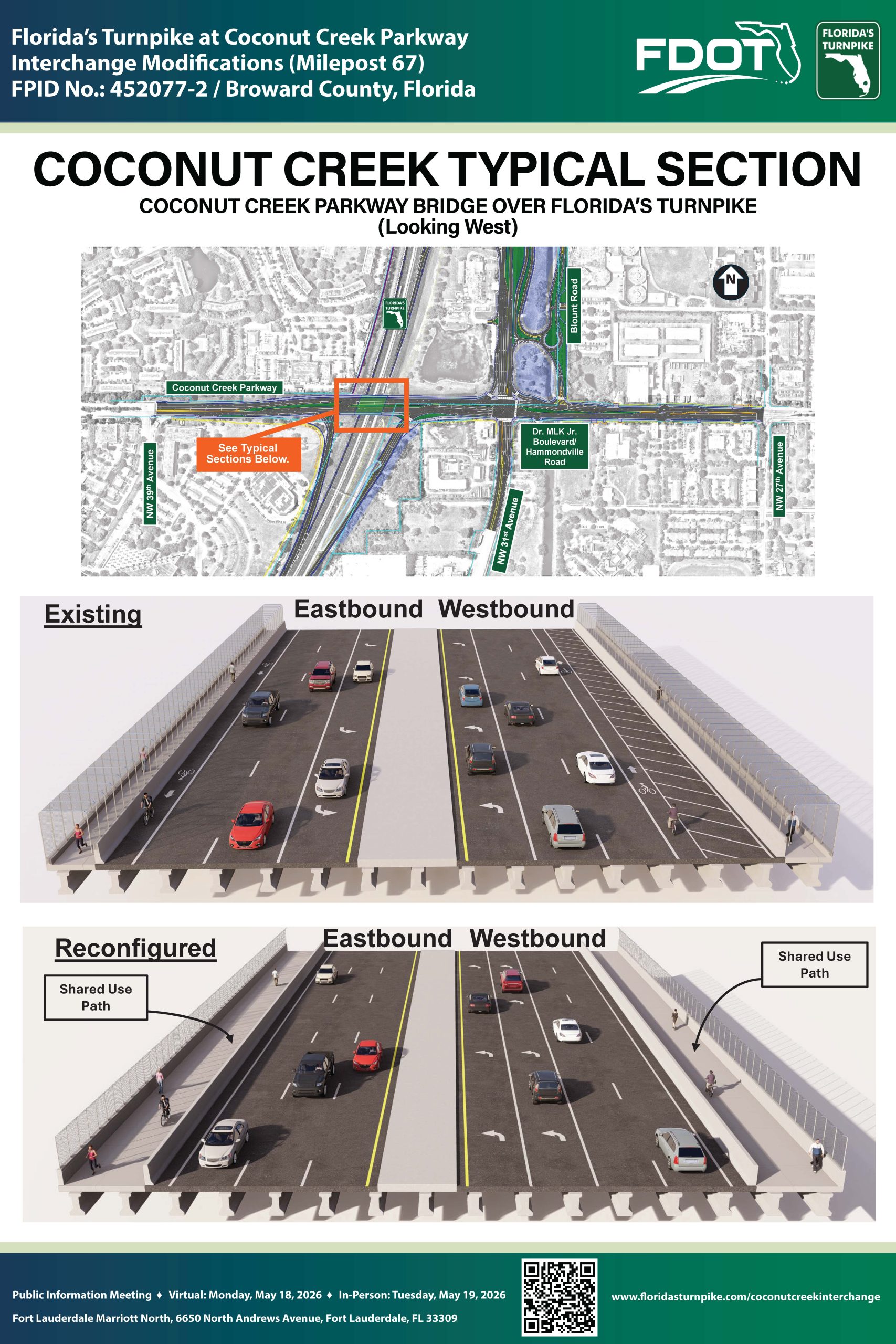 Interchange modifications map showing existing and reconfigured Coconut Creek Parkway Bridge over Florida's Turnpike.