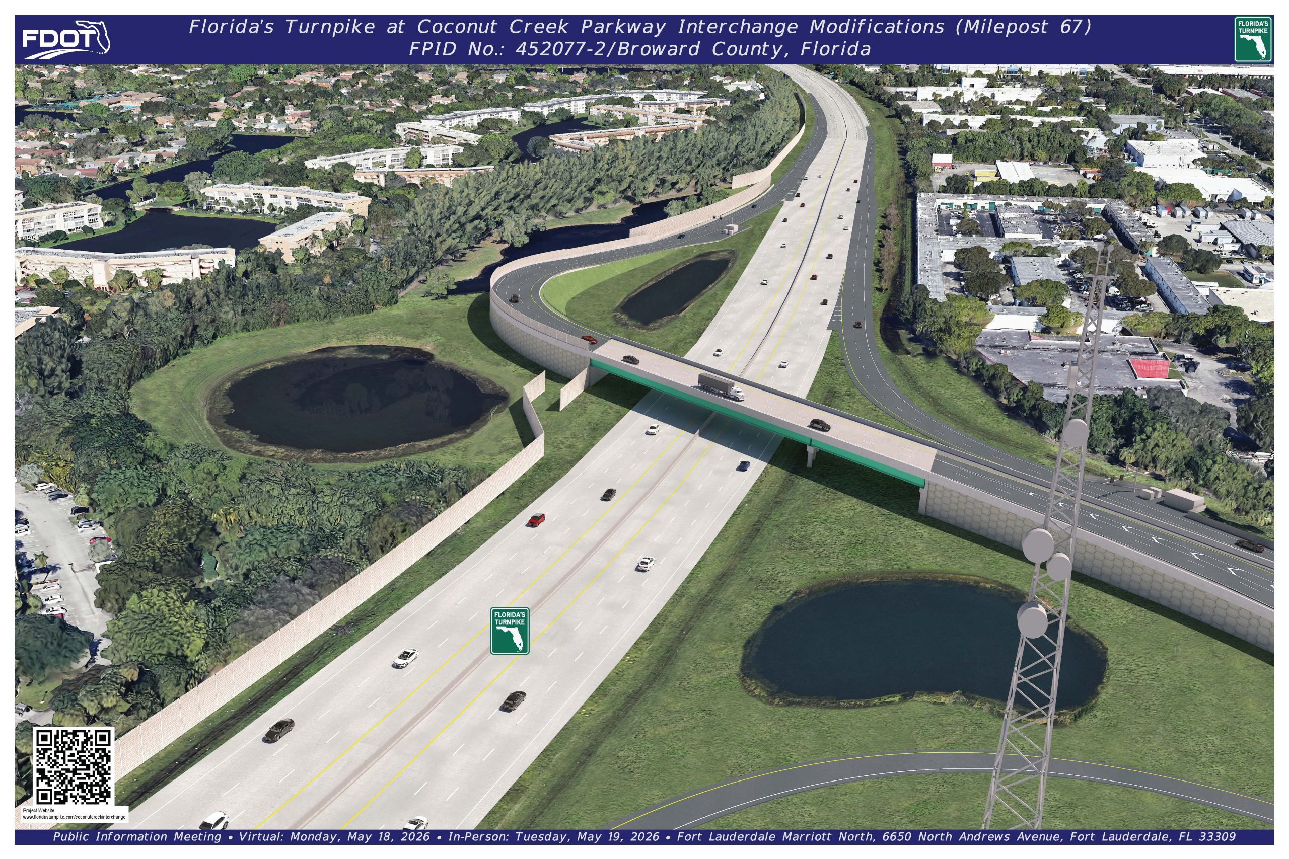 Aerial view of Florida's Turnpike at Coconut Creek Parkway with surrounding roads, green spaces, and residential areas.
