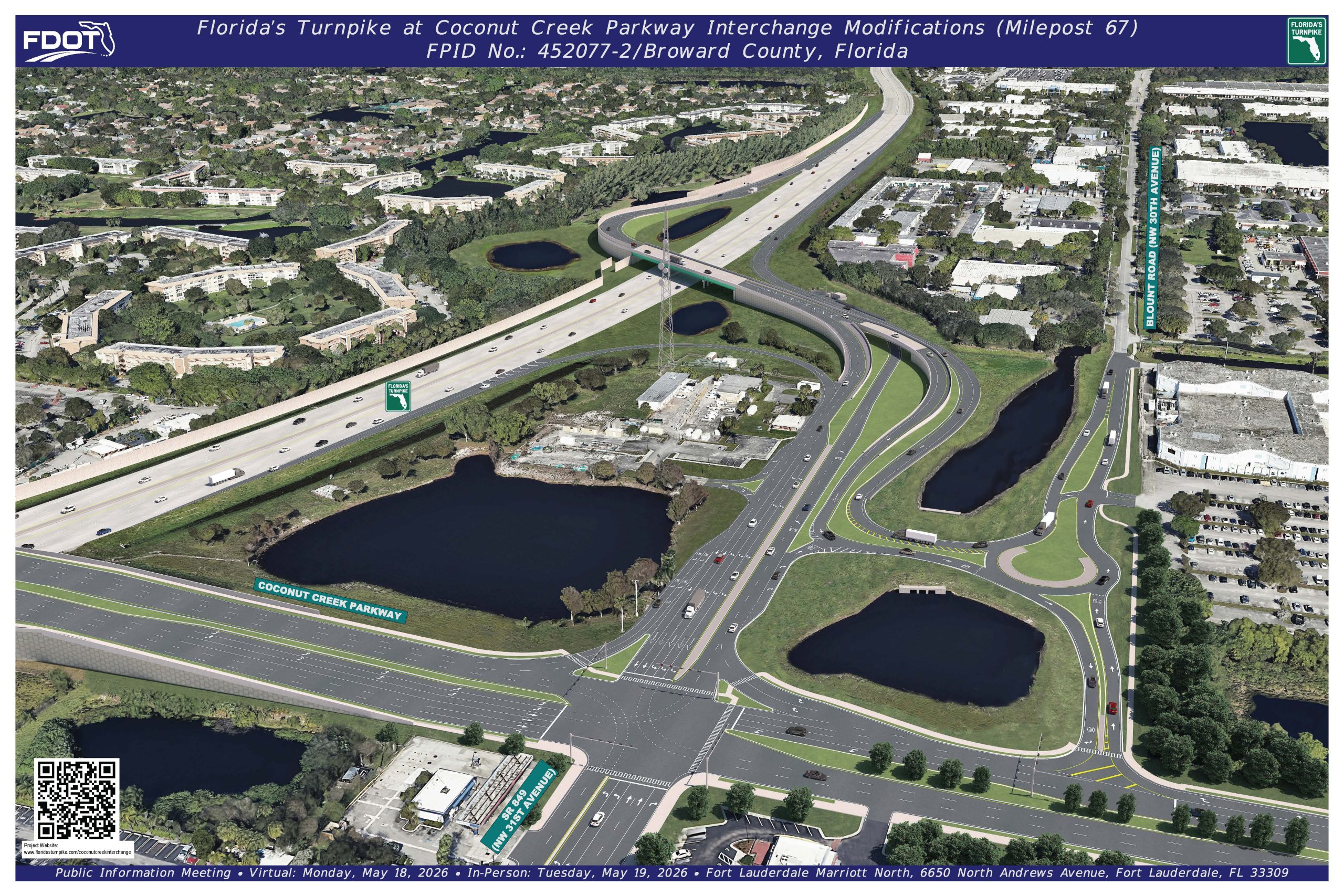 Aerial view of the Coconut Creek Parkway interchange, showcasing road layout, traffic flow, and surrounding green spaces.