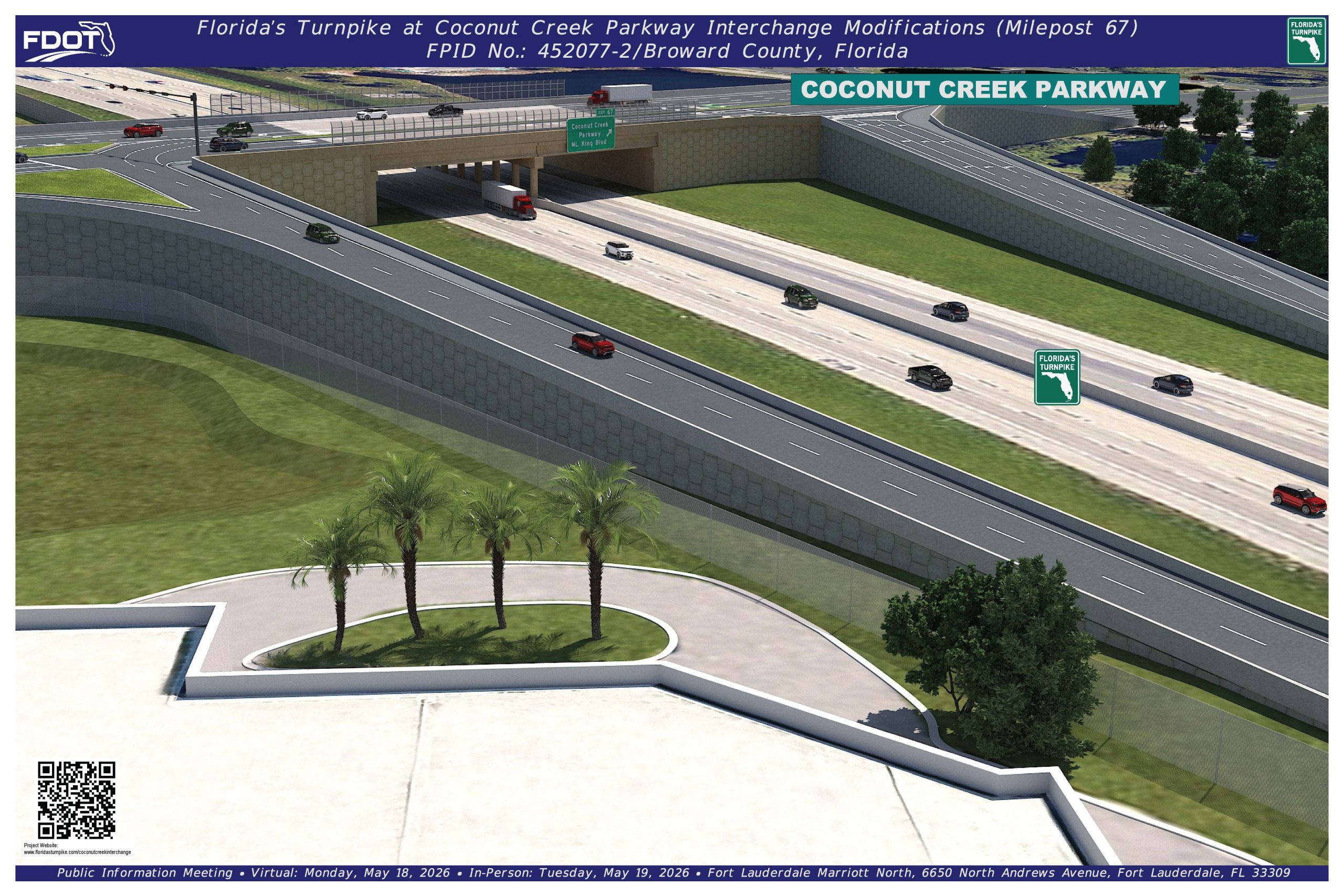 3D rendering of the Florida Turnpike at Coconut Creek Parkway, showcasing highway layout and signage.