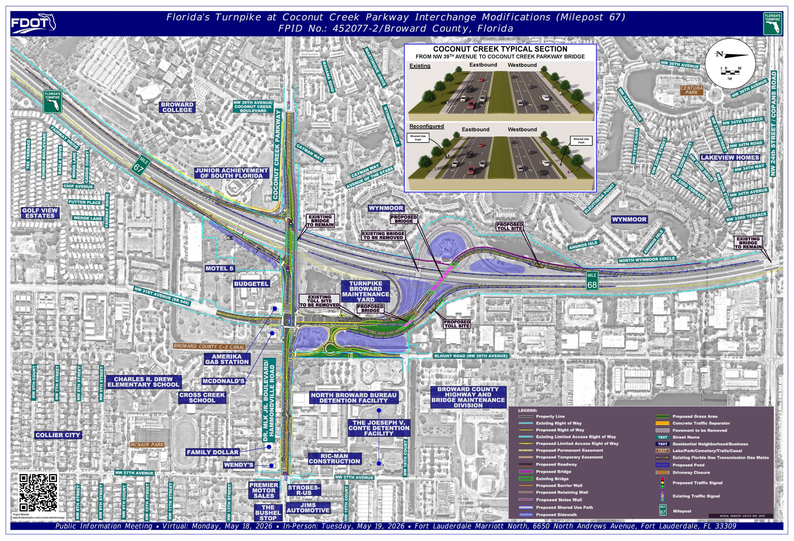 Map detailing the Coconut Creek Parkway interchange modifications, showing existing and proposed roadways and structures.
