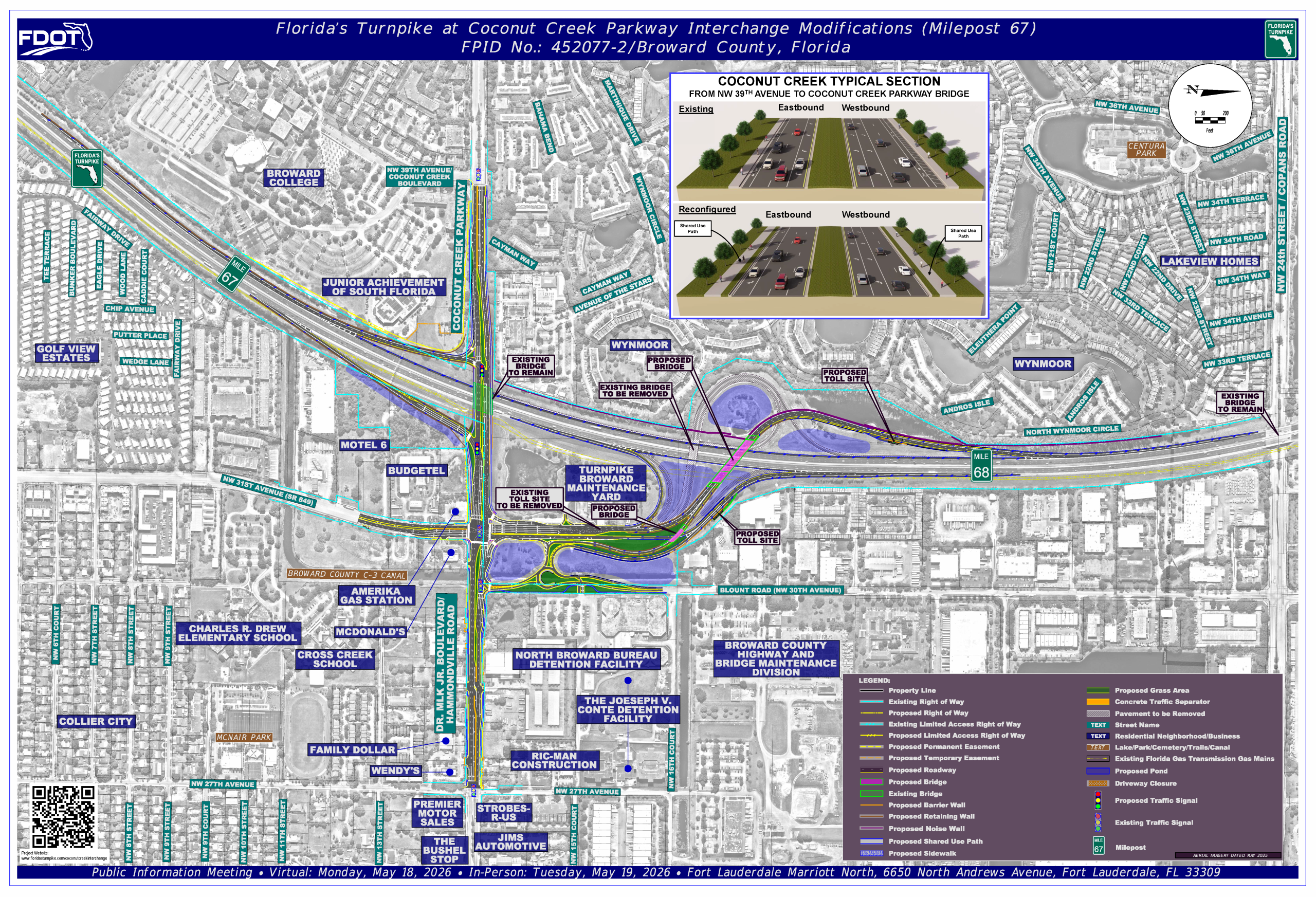 Map of Florida's Turnpike at Coconut Creek Parkway showing interchange modifications and nearby landmarks.