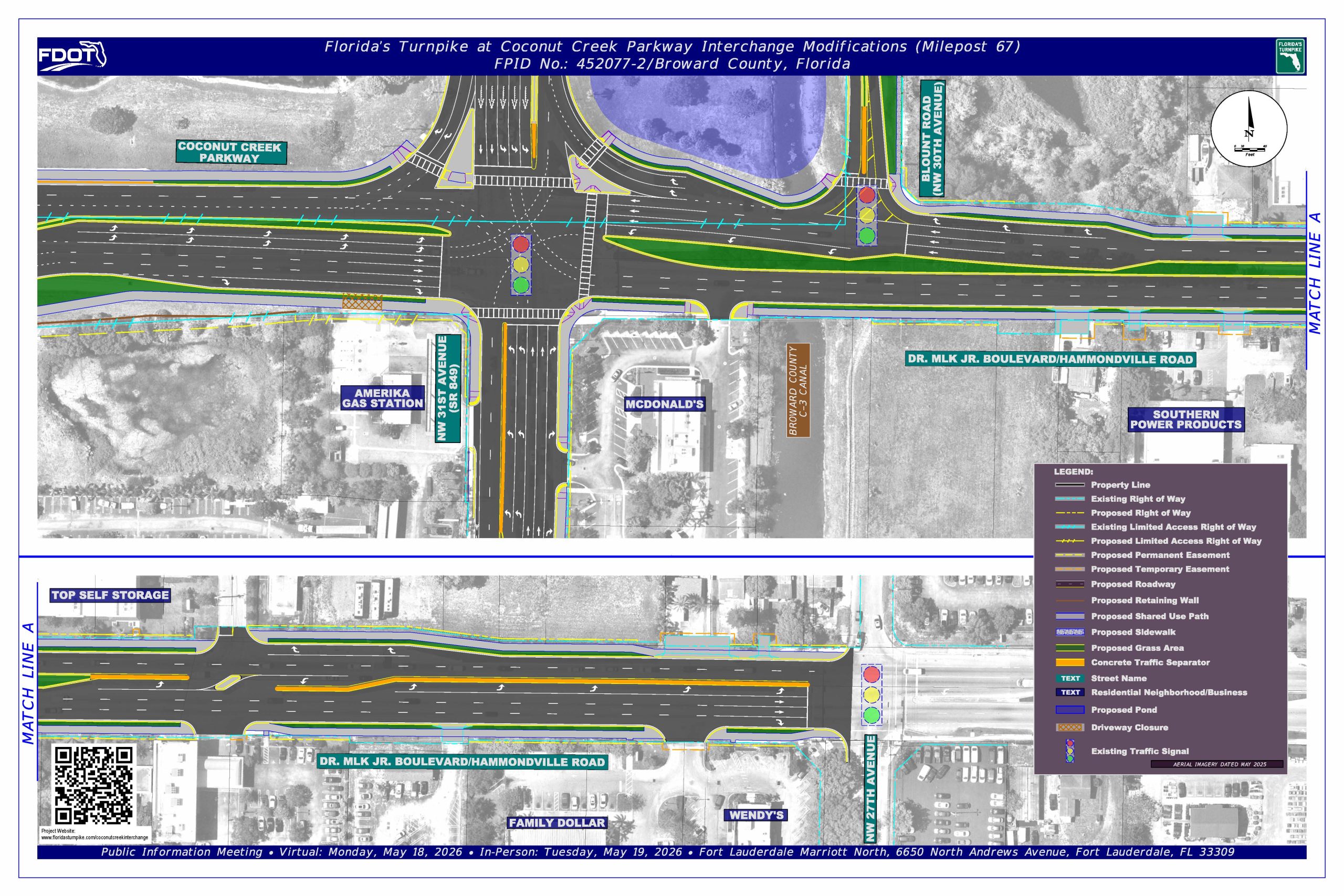 Map showing interchange modifications at Florida's Turnpike and Coconut Creek Parkway, with roads, landmarks, and proposed changes.