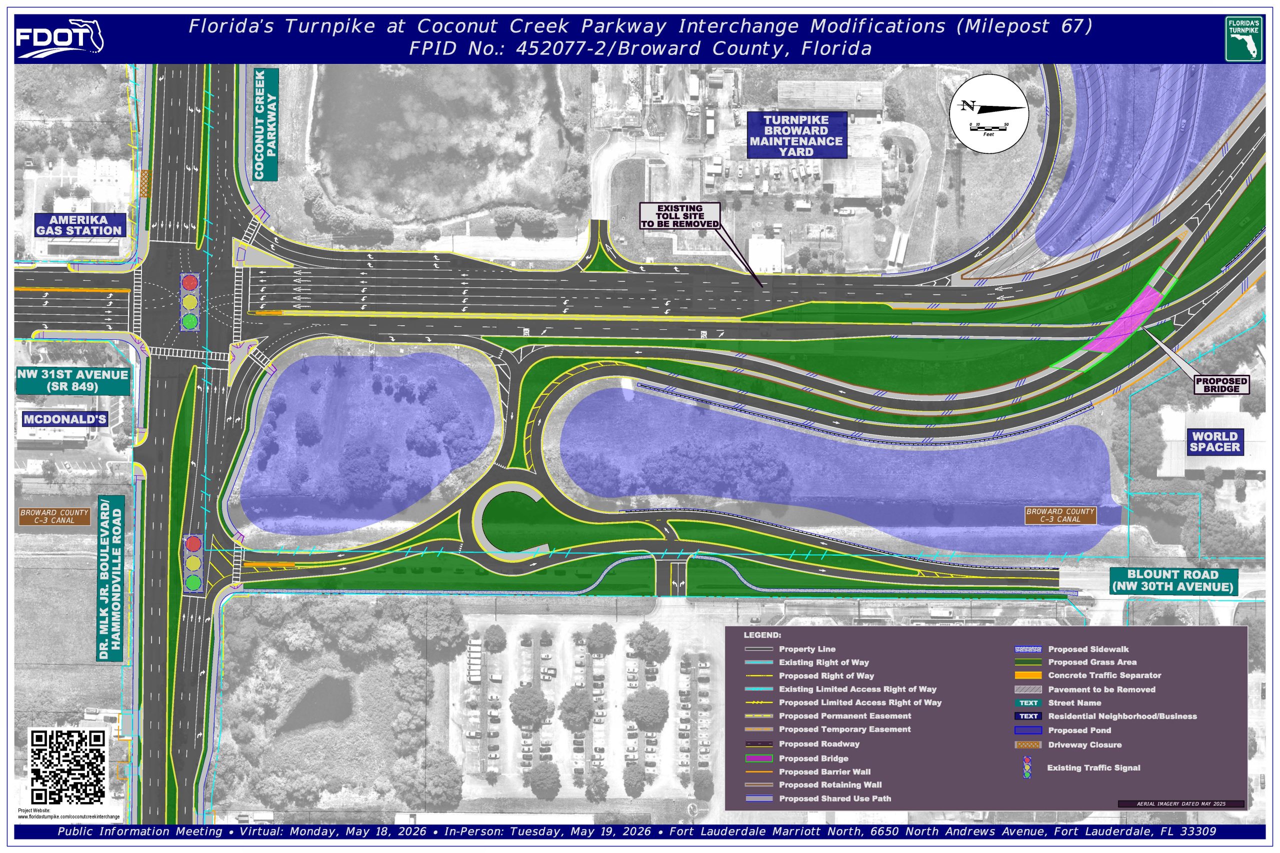 Map of the Florida Turnpike interchange modifications at Coconut Creek Parkway, detailing road changes and key landmarks.