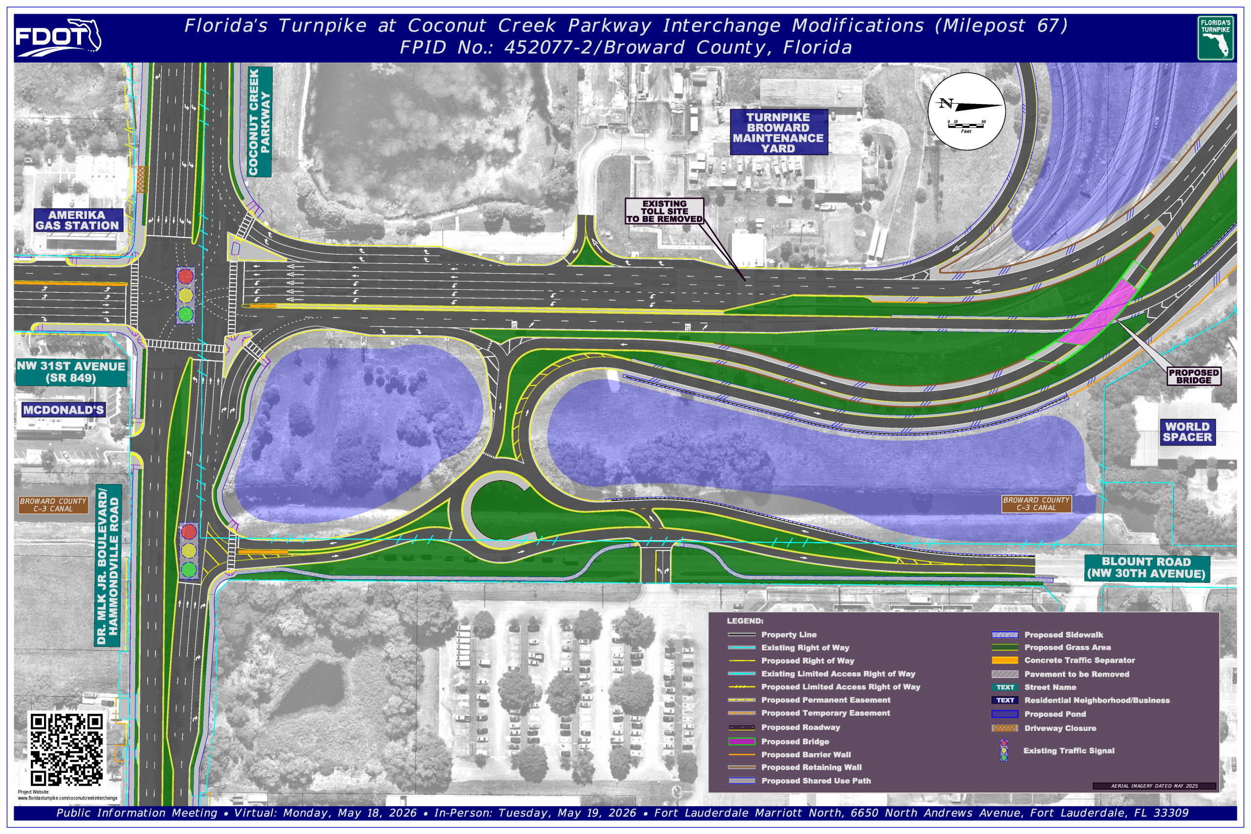 Map of the Florida Turnpike at Coconut Creek Parkway, showing interchange modifications and proposed infrastructure changes.