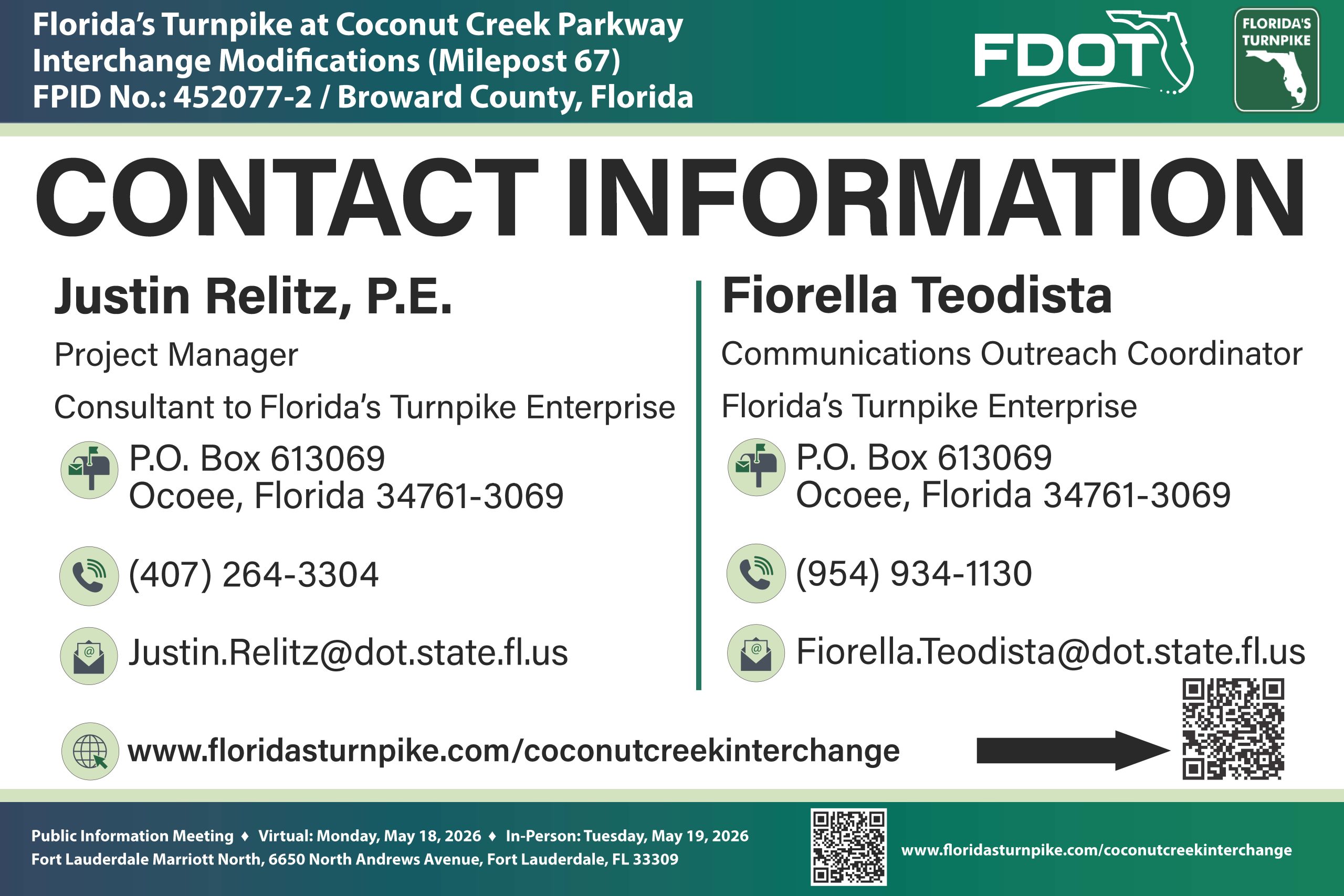 Contact information for Florida's Turnpike at Coconut Creek Parkway project, including two representatives and details.
