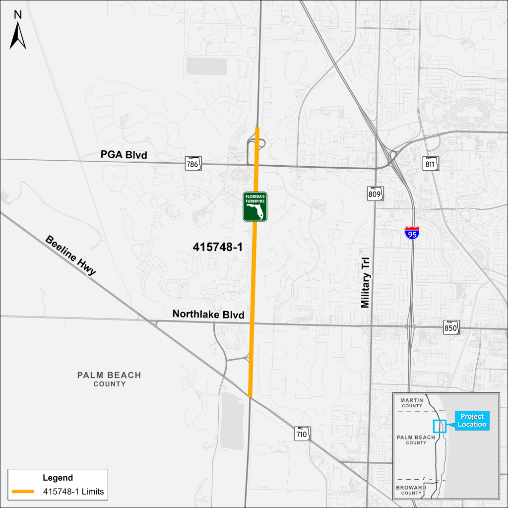 Map showing Project 415748-1 limits along Florida's Turnpike, highlighting nearby roads and counties in Palm Beach area.