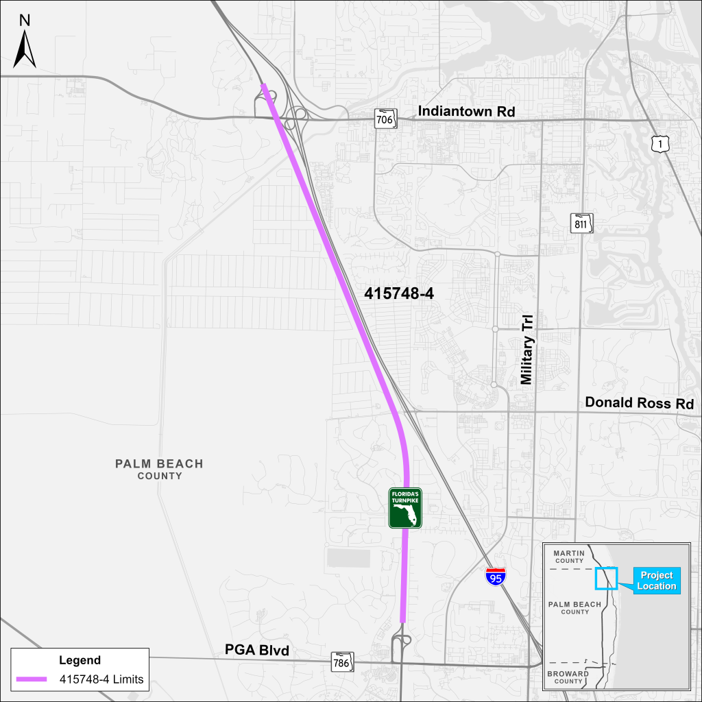 Map showing Florida's Turnpike expansion project limits in Palm Beach County, highlighting nearby roads and project area.