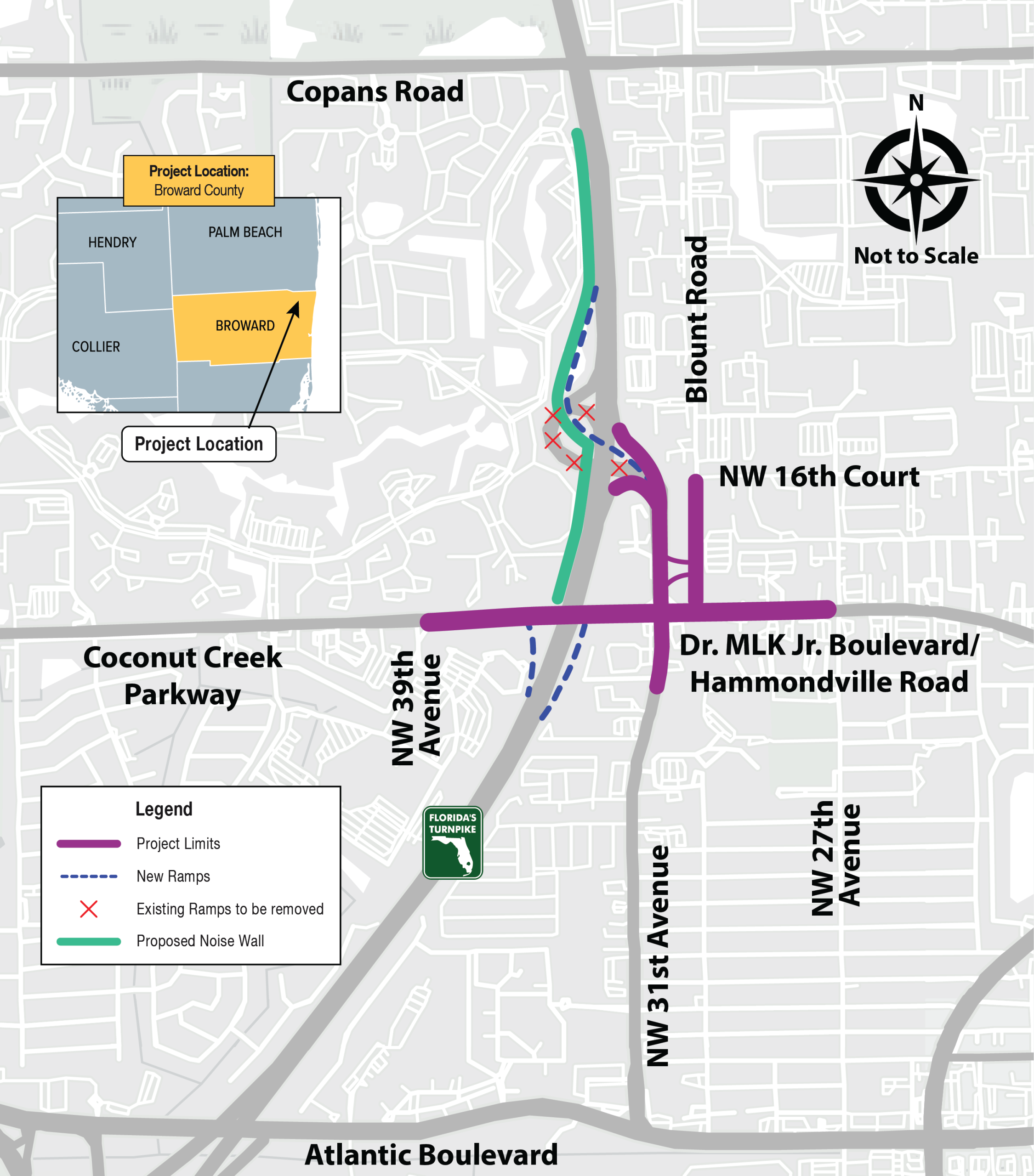 Map showing proposed infrastructure changes in Broward County, including new ramps and a noise wall. Locations labeled.