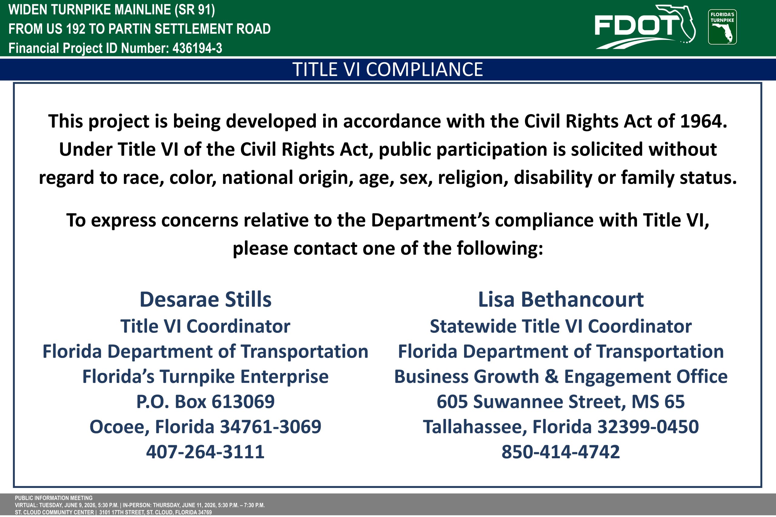 Title VI Compliance notice detailing public participation info and contact details for Florida Department of Transportation.
