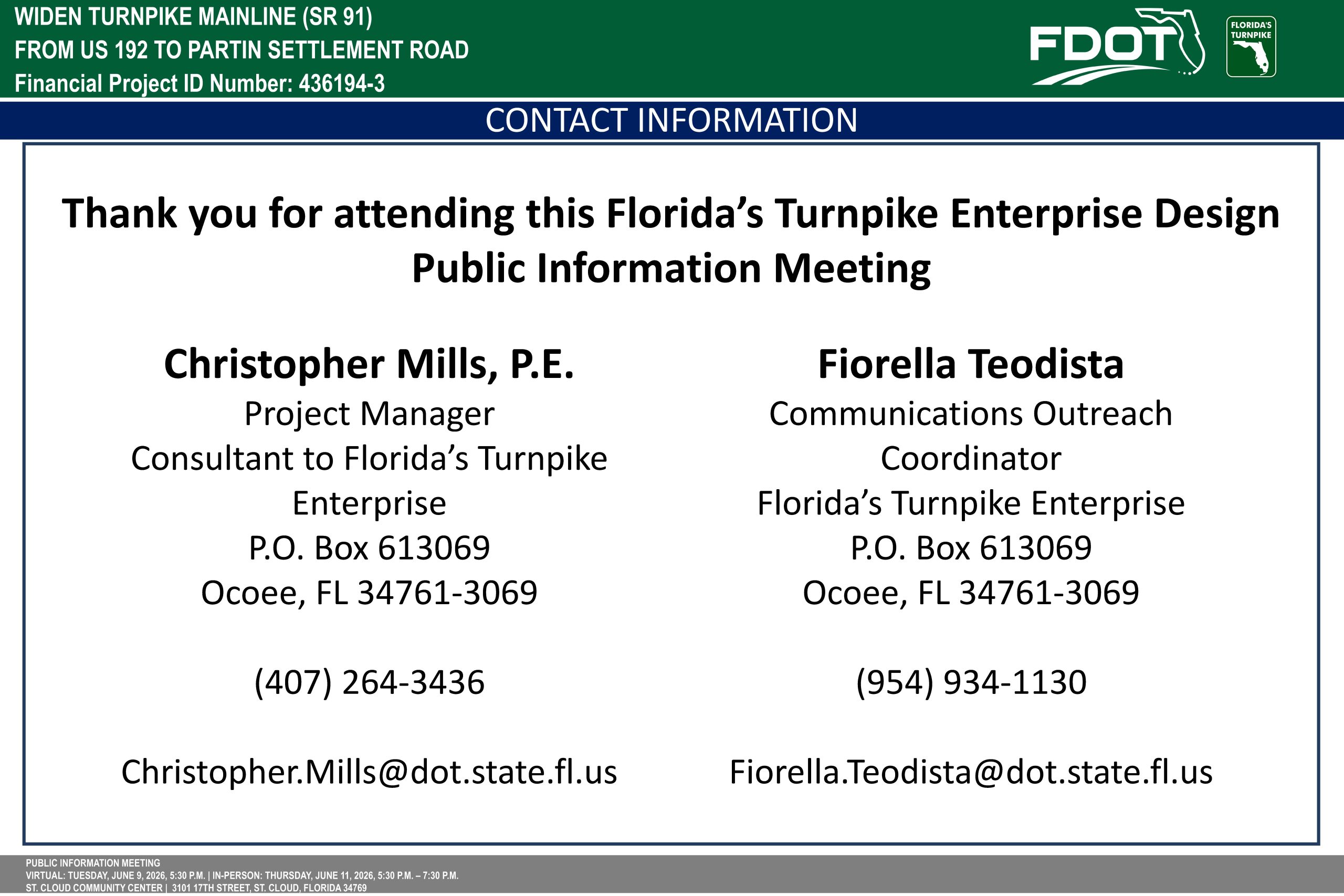 Contact info for the Florida Turnpike Enterprise Public Info Meeting, with details for Christopher Mills and Fiorella Teodista.