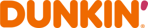 Logo of Dunkin’ in bold orange letters with a pink accent above the letter i.