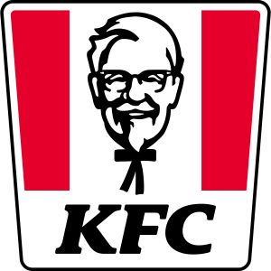 KFC logo featuring a stylized image of a smiling man with glasses and a bow tie, flanked by two red stripes.