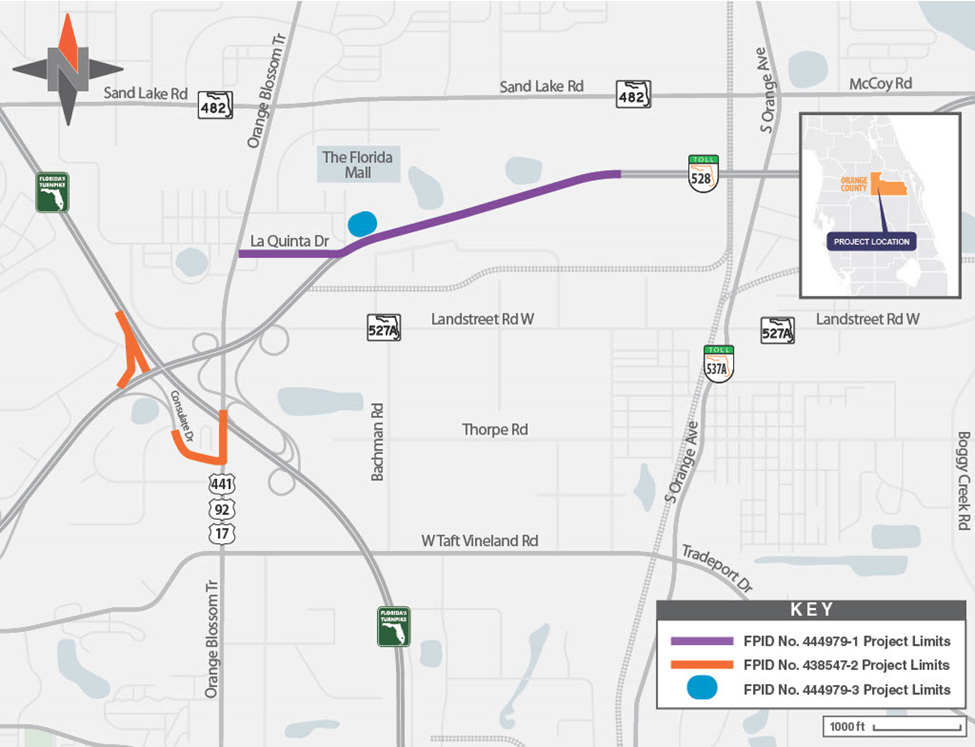 Map showing project locations in Orange County, including roads, landmarks, and project limit designations.