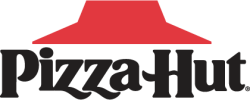 Logo of Pizza Hut featuring bold black text with a red hat symbol above it.