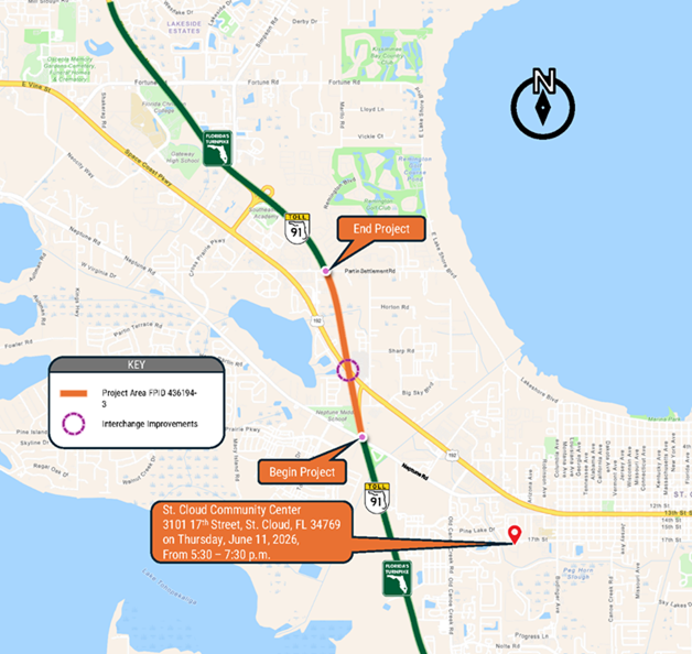 Map showing project details in St. Cloud, FL, with labeled start and end points, date, and community center location.