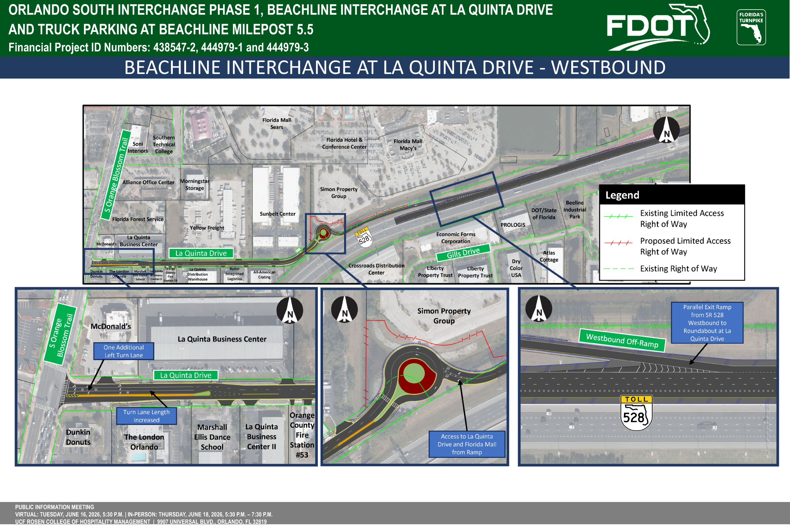 Map of the Beachline Interchange at La Quinta Drive, showing roads, access points, and nearby landmarks for navigation.