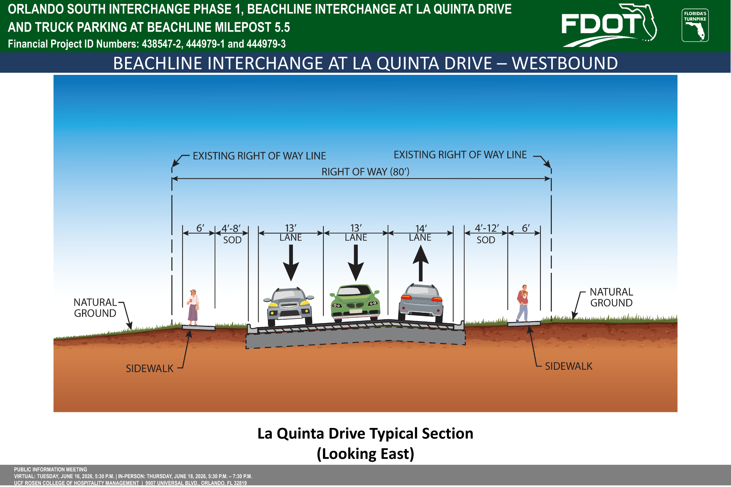 Diagram showing the La Quinta Drive interchange, including lane dimensions, sidewalks, and natural ground.