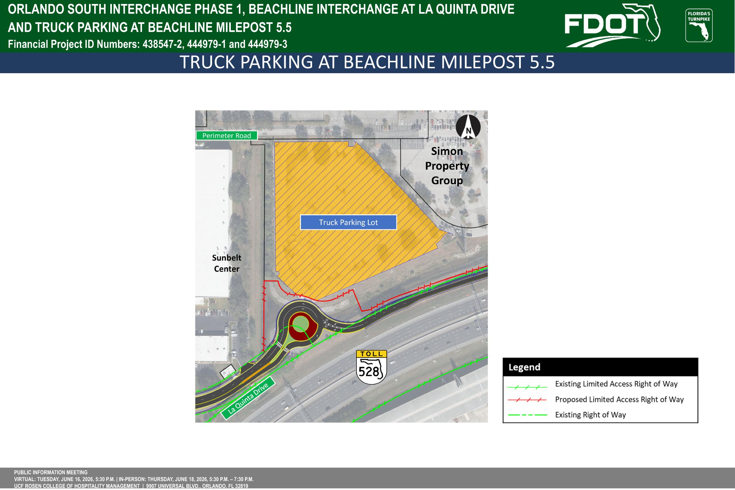 Map showing truck parking area at Beachline Milepost 5.5, with roadways and surrounding landmarks labeled.