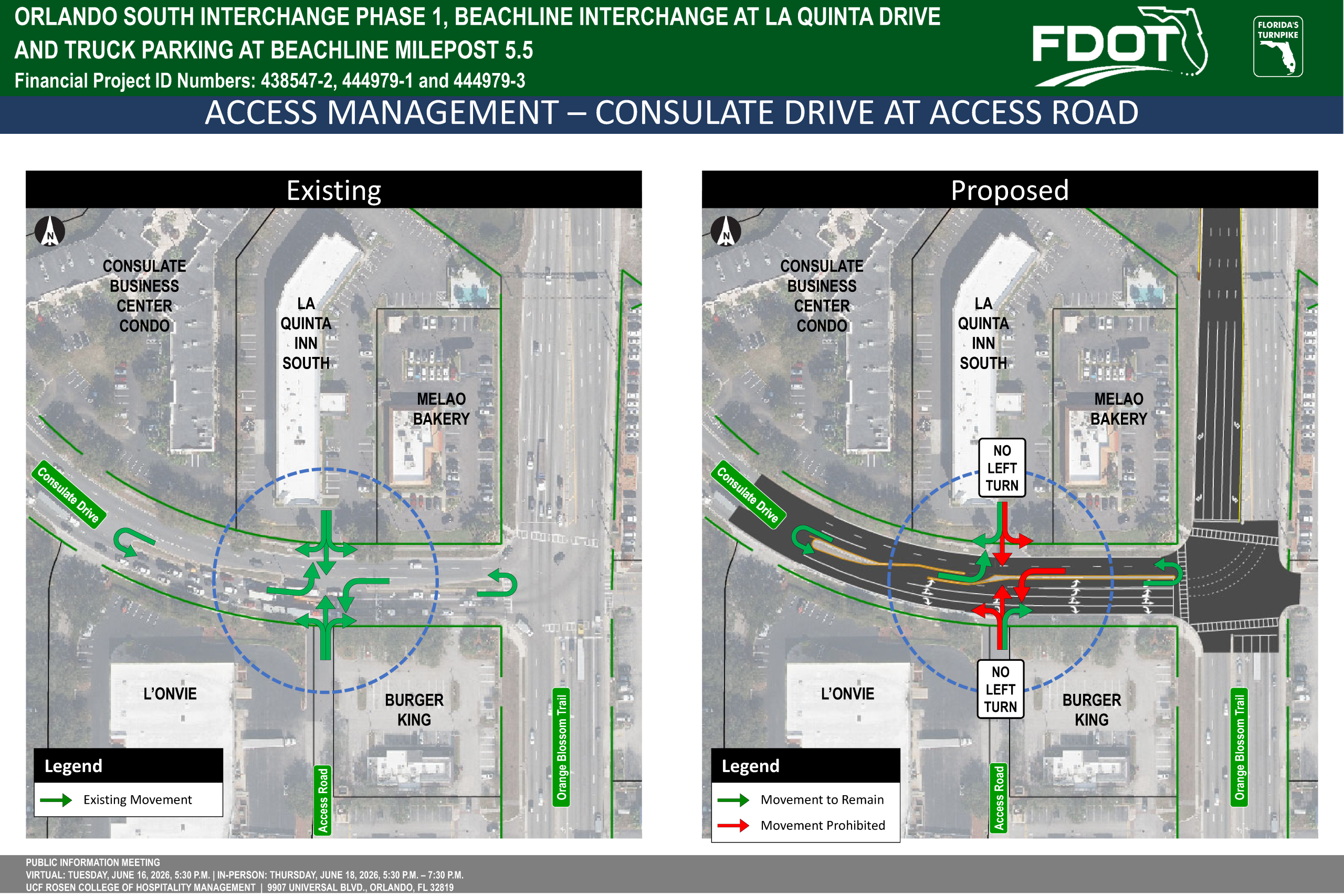 Access management maps showing existing and proposed changes at the Orlando South Interchange, including traffic flow modifications.