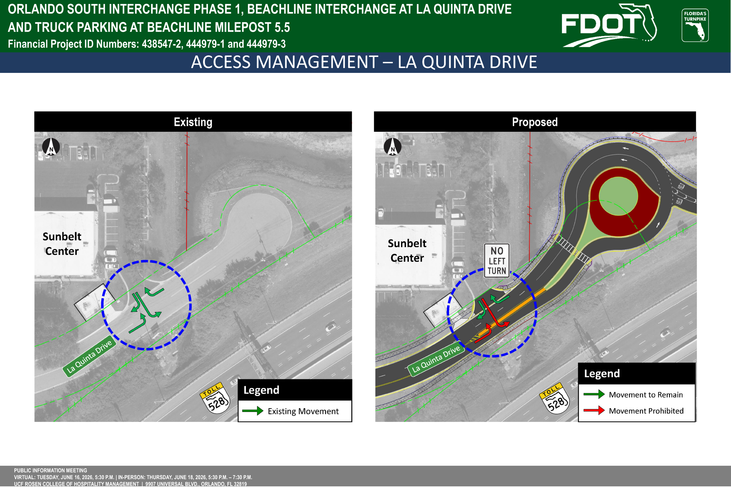 Diagram comparing existing and proposed access management at La Quinta Drive and Beachline interchange. Includes road changes.