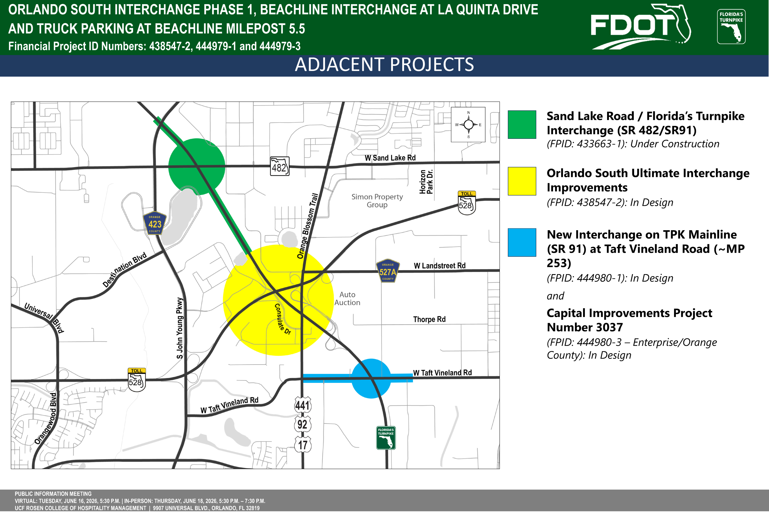 Map displaying the Orlando South Interchange Phase 1, Beachline Interchange and adjacent projects in the area.