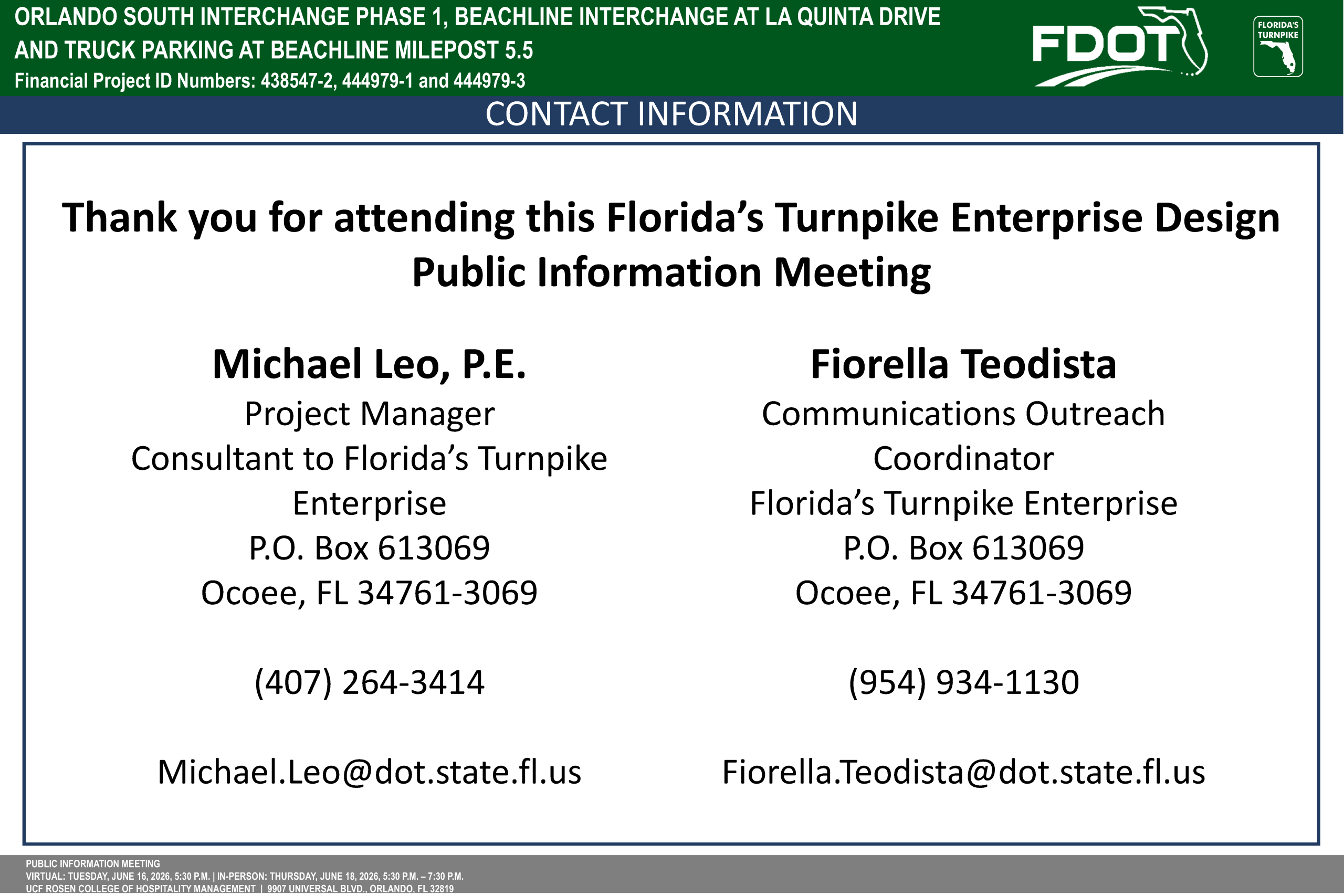 Contact information for Florida's Turnpike Enterprise meeting, listing names, roles, addresses, and email addresses.