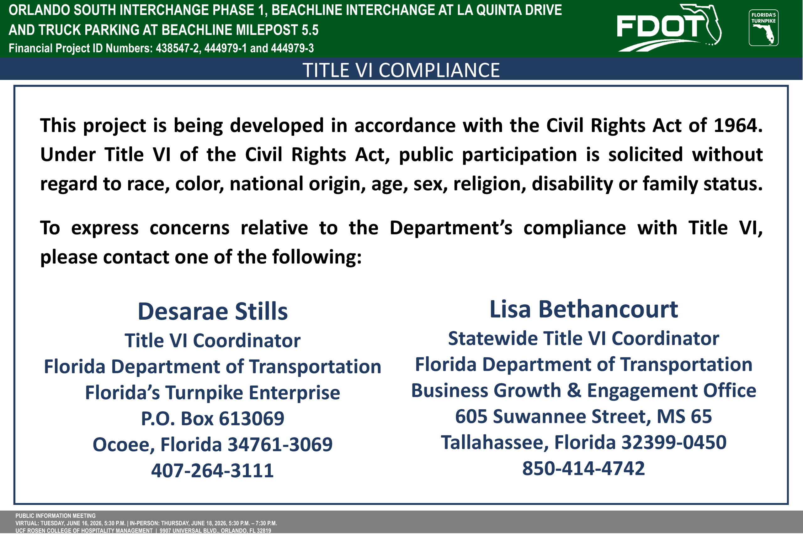 Alt text: Document about Title VI compliance, detailing public participation for a transportation project with contact info.