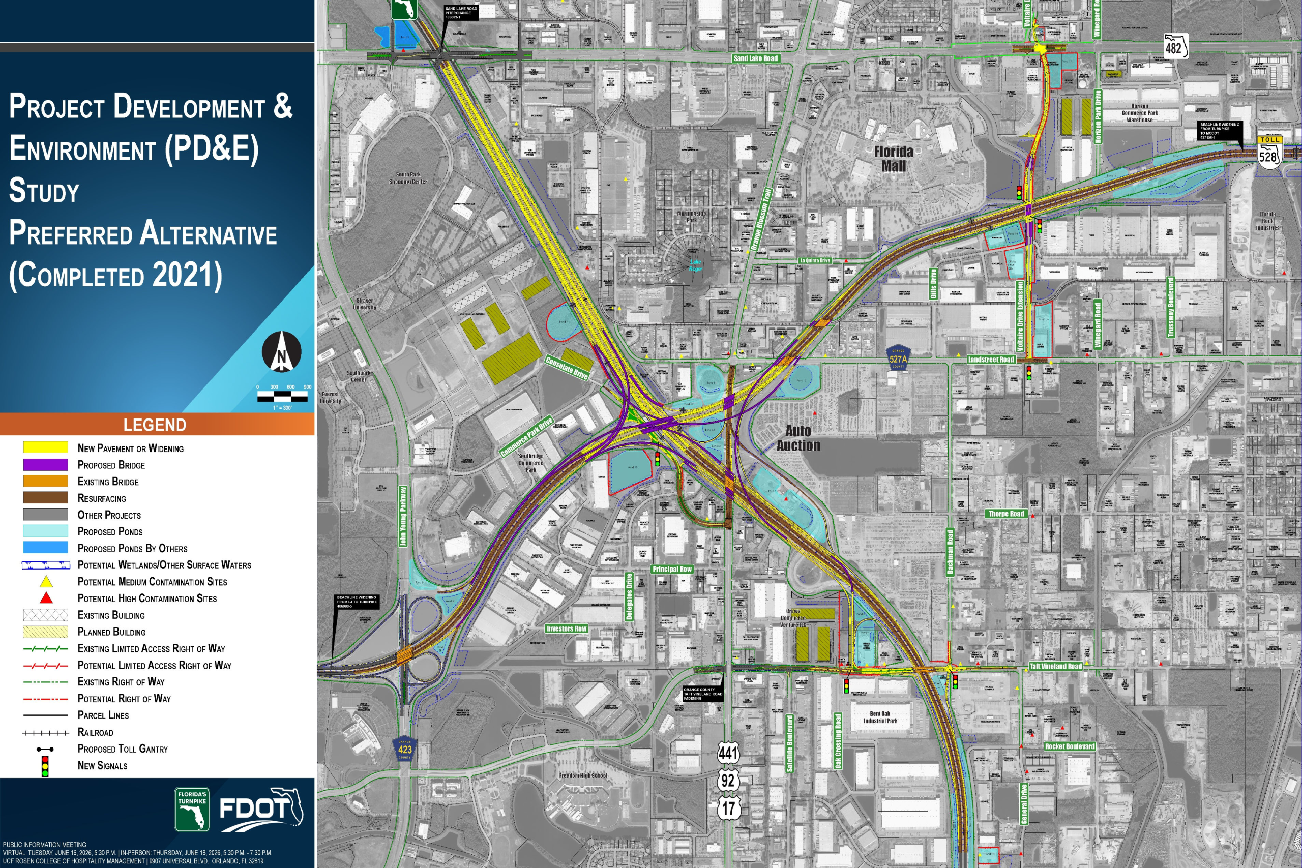 Map showing Florida's Project Development and Environment Study with routes, proposed changes, and key landmarks.