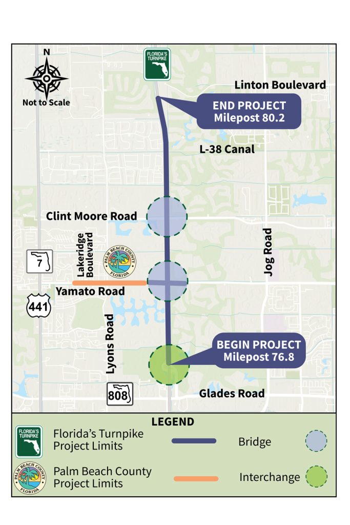 Map showing Florida’s Turnpike project limits between mileposts 76.8 and 80.2, with road and interchange indications.