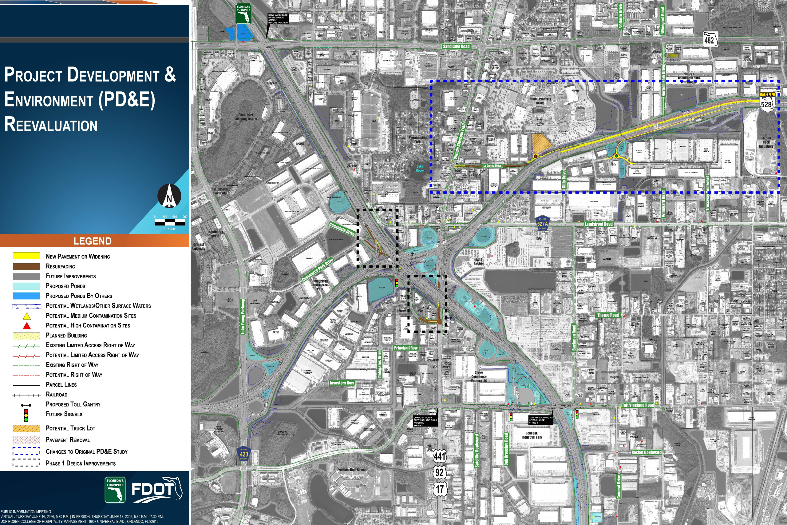 Map detailing project developments and environmental re-evaluations with roadways, proposed improvements, and legends.