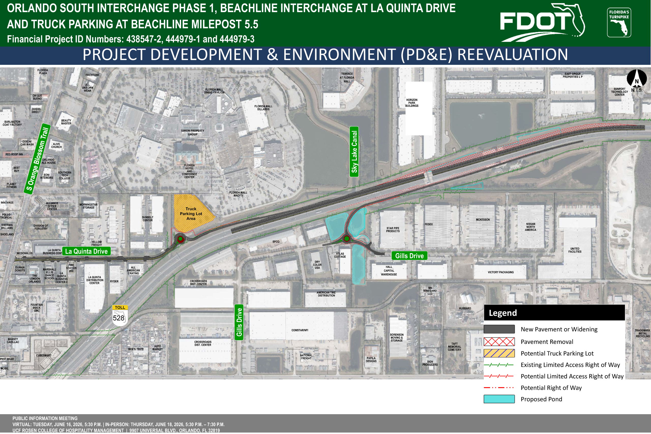 Map outlining Orlando South Interchange Phase 1, including truck parking and road modifications, with key locations labeled.