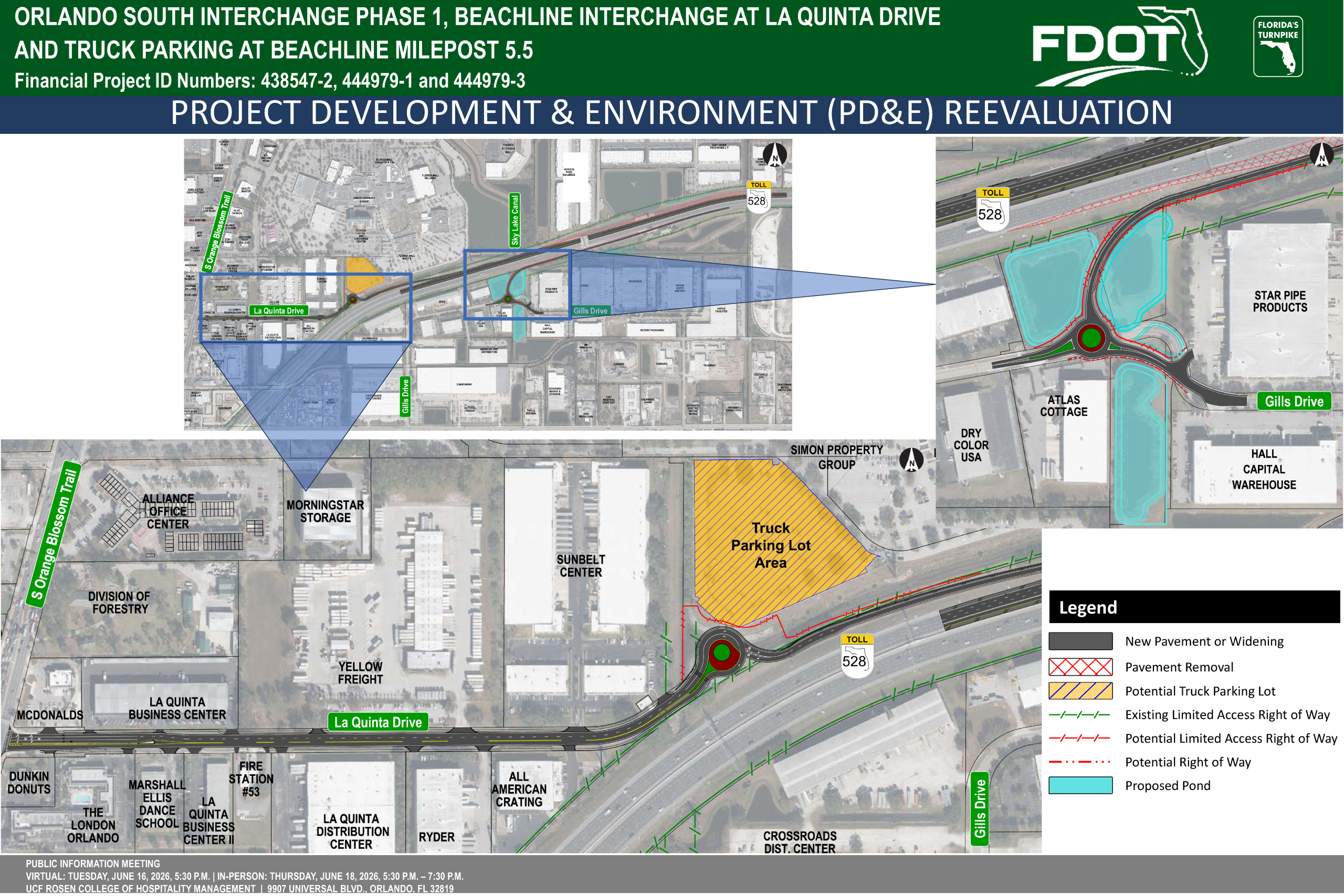 Map detailing the Orlando South Interchange Phase 1, including truck parking and surrounding area landmarks.